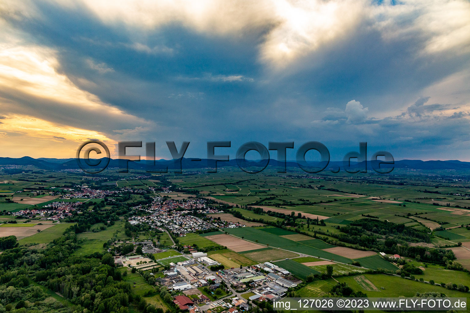 Luftaufnahme von Ortsansicht der Straßen und Häuser der Wohngebiete in Billigheim-Ingenheim im Bundesland Rheinland-Pfalz, Deutschland