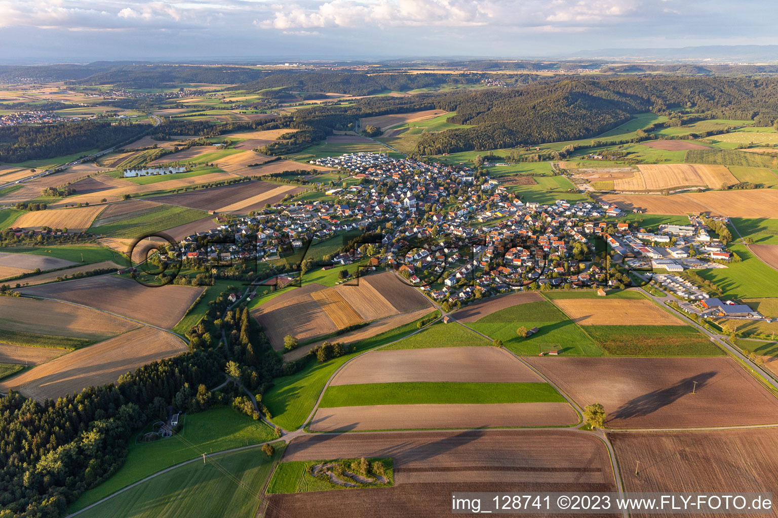 Ortsansicht am Rande von landwirtschaftlichen Feldern und Nutzflächen in Dietingen im Bundesland Baden-Württemberg, Deutschland