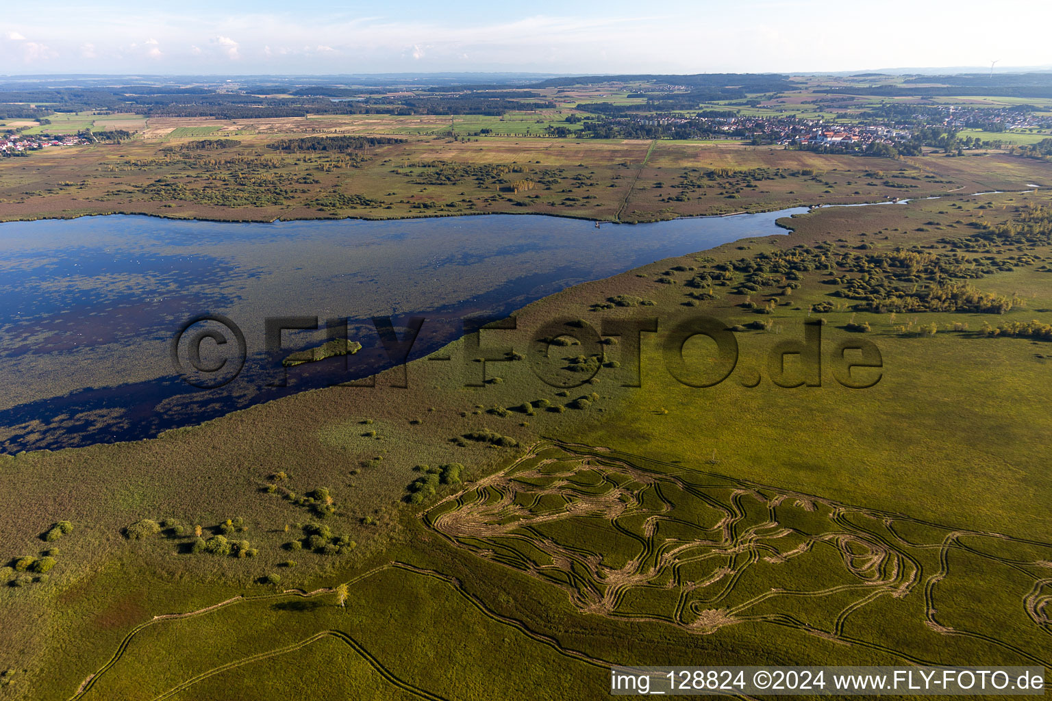 Luftaufnahme von Uferbereiche am Seegebiet des Federsee in Bad Buchau im Bundesland Baden-Württemberg, Deutschland