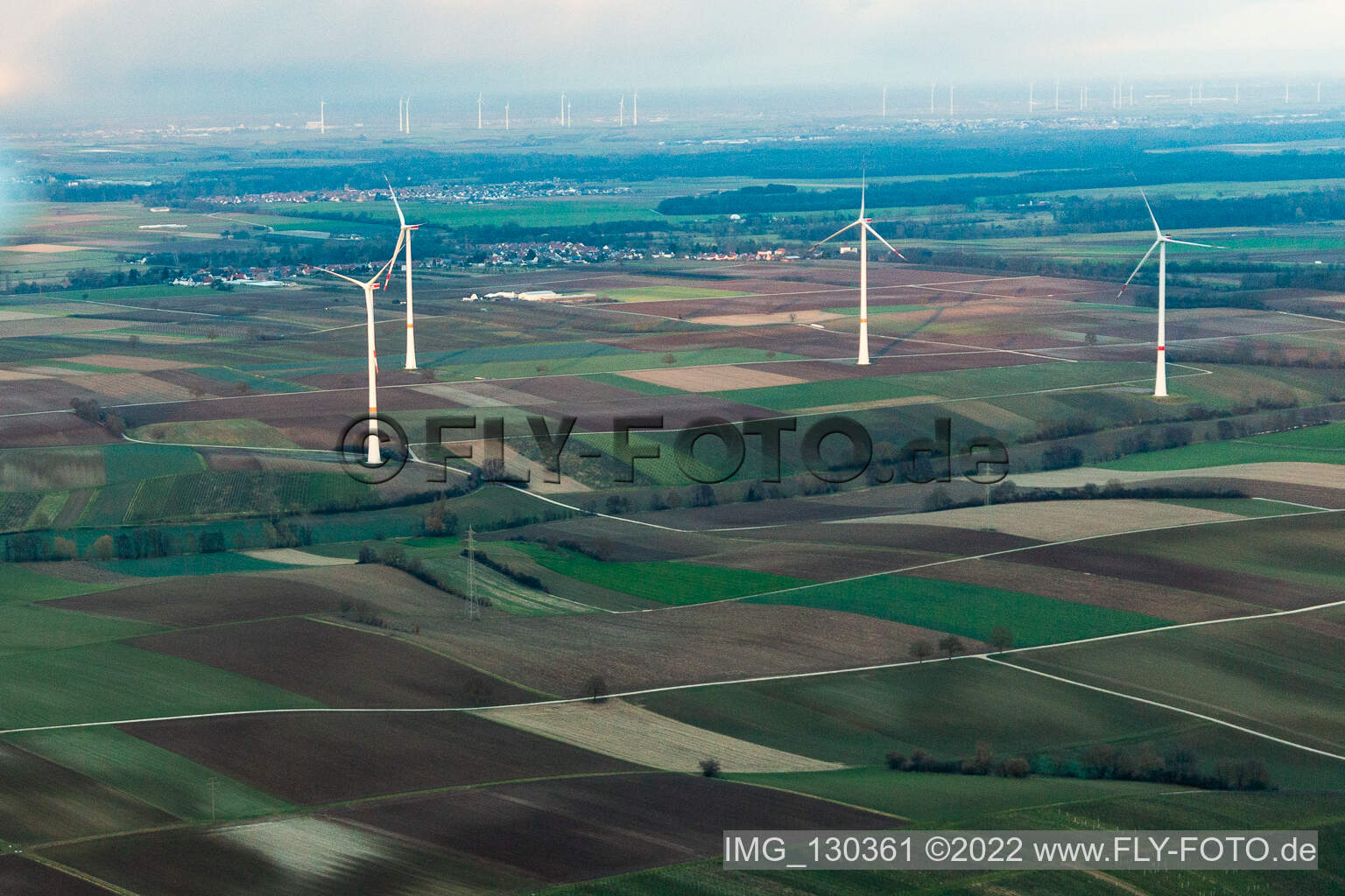 Schrägluftbild von Windpark in Freckenfeld im Bundesland Rheinland-Pfalz, Deutschland