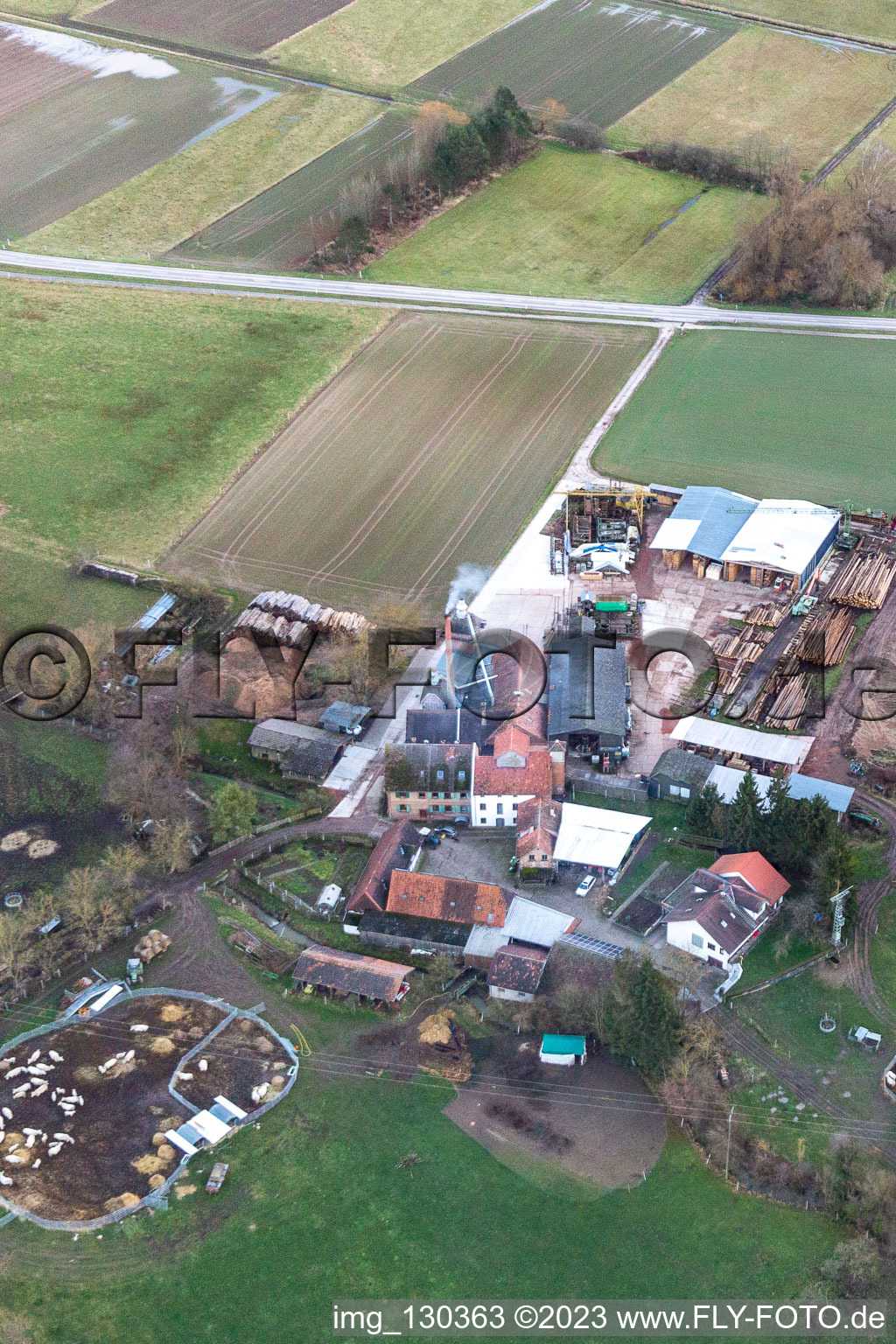 Luftbild von Holzwerk Orth an der Schaidter Mühle in Wörth am Rhein im Bundesland Rheinland-Pfalz, Deutschland