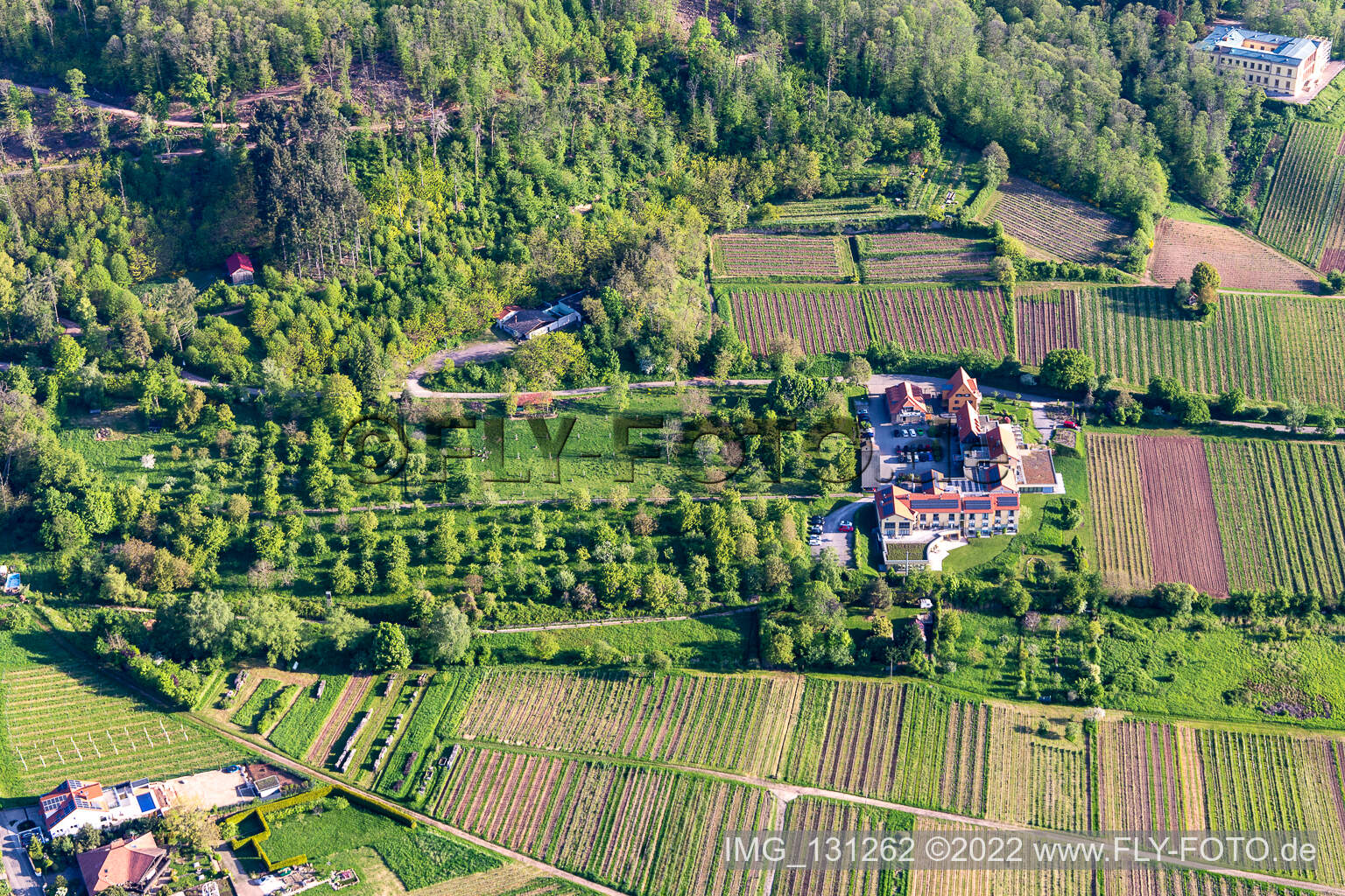 Luftbild von Wohlfühlhotel Alte Rebschule und Gasthaus Sesel in Rhodt unter Rietburg im Bundesland Rheinland-Pfalz, Deutschland
