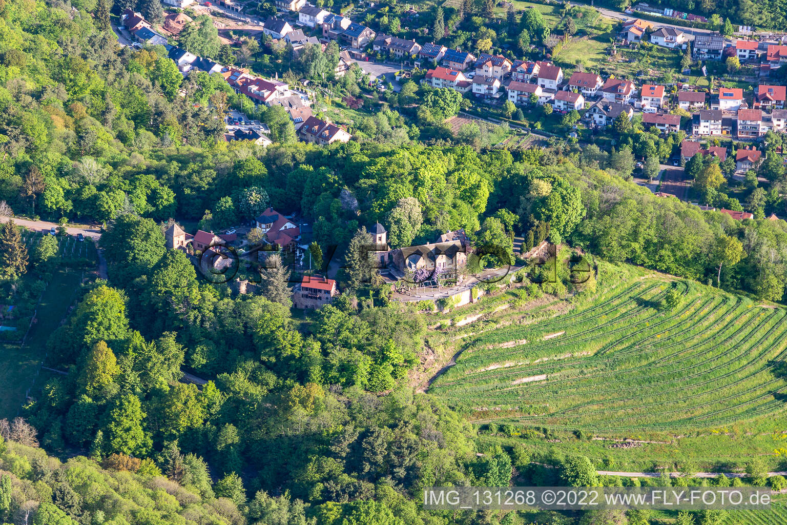 Schloss Kropsburg in Sankt Martin im Bundesland Rheinland-Pfalz, Deutschland von oben