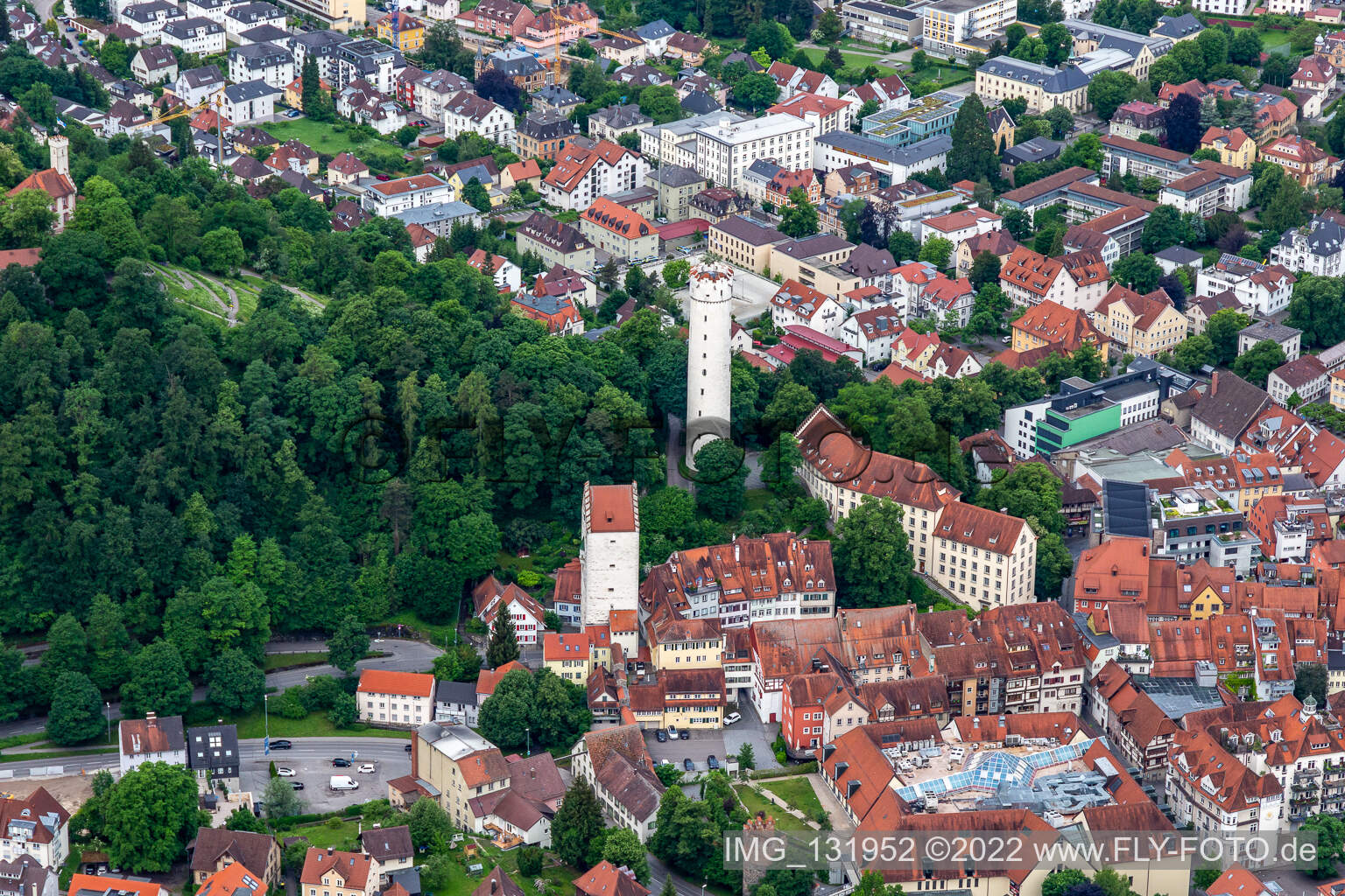 Historische Altstadt mit Mehlsack und Obertor in Ravensburg im Bundesland Baden-Württemberg, Deutschland