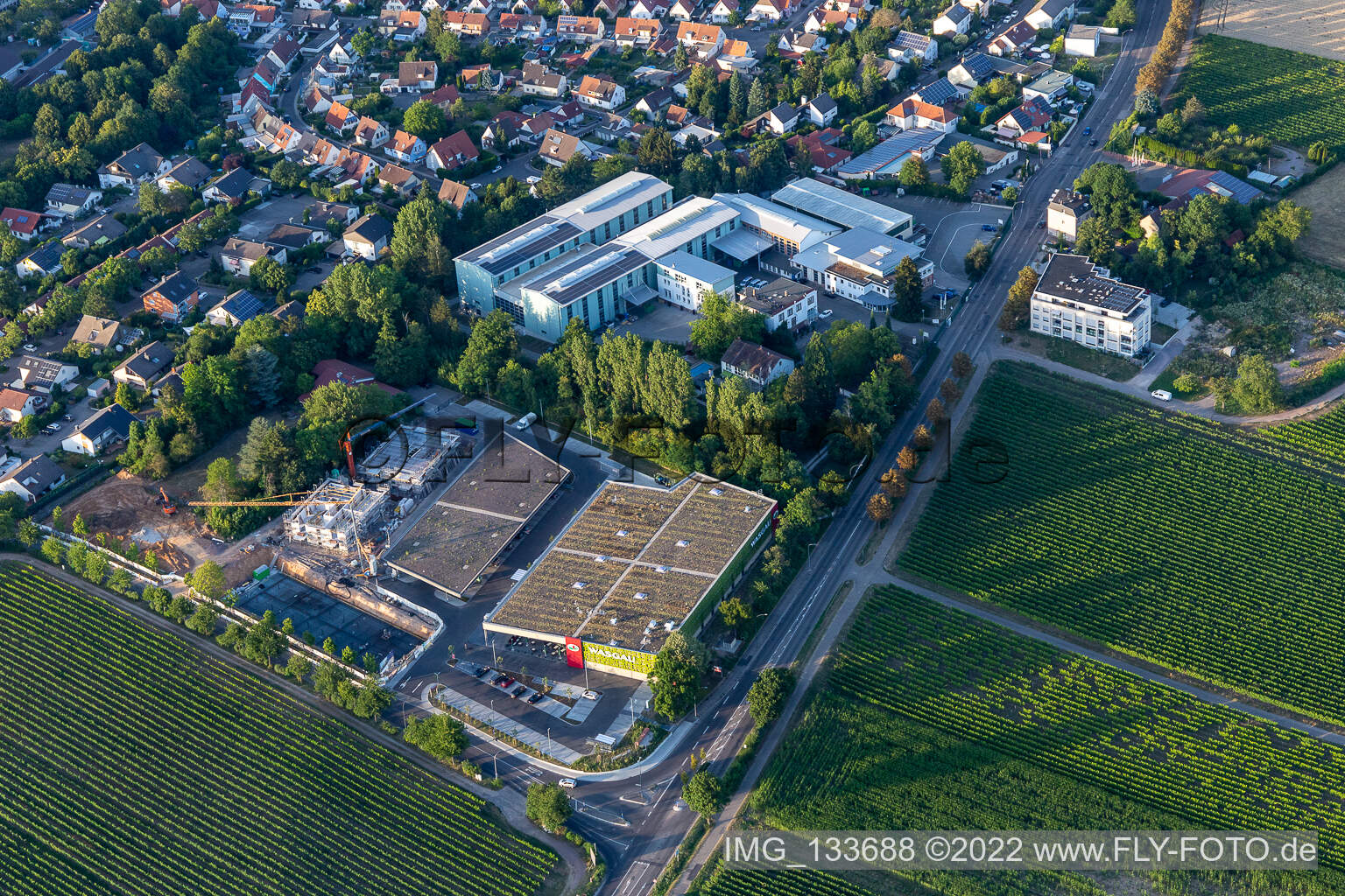 Luftbild von Wasgau Frischemarkt Landau an der Wollmesheimer Höhe in Landau in der Pfalz im Bundesland Rheinland-Pfalz, Deutschland