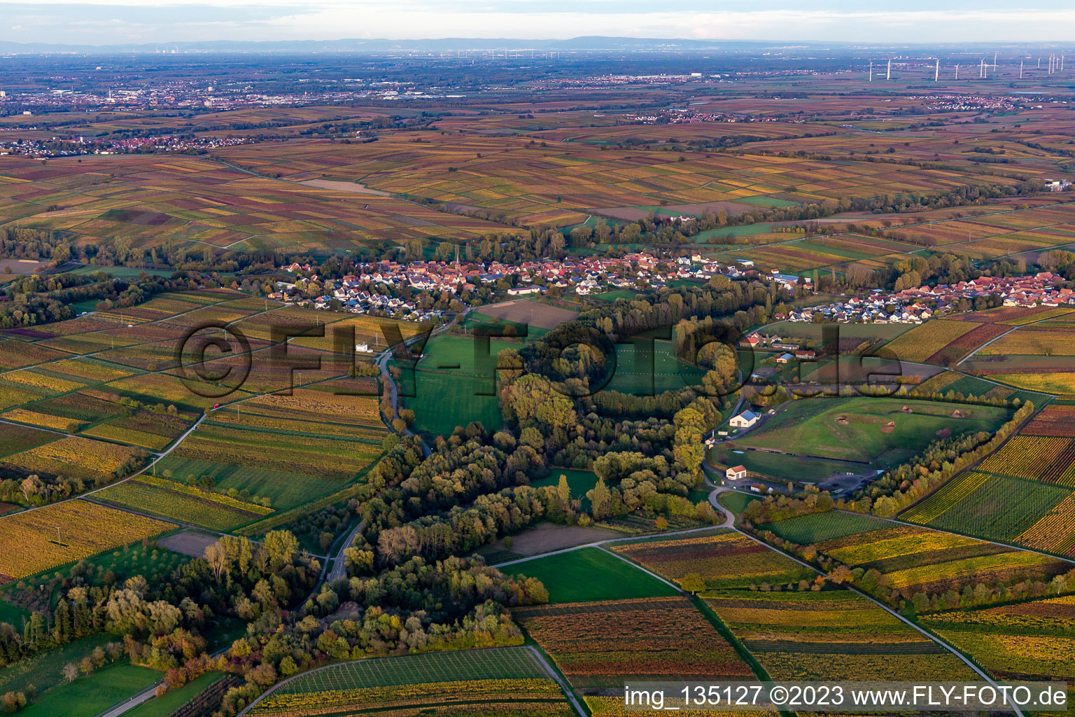 Ortsteil Heuchelheim in Heuchelheim-Klingen im Bundesland Rheinland-Pfalz, Deutschland von der Drohne aus gesehen