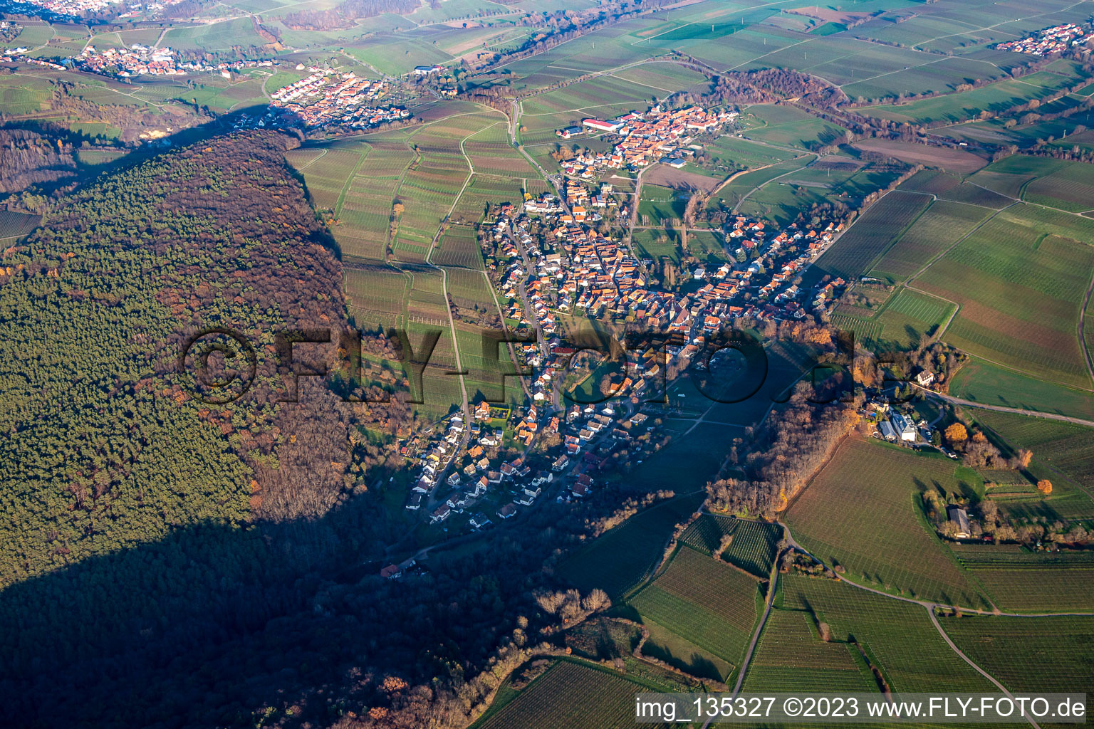 Ortsteil Pleisweiler in Pleisweiler-Oberhofen im Bundesland Rheinland-Pfalz, Deutschland aus der Drohnenperspektive
