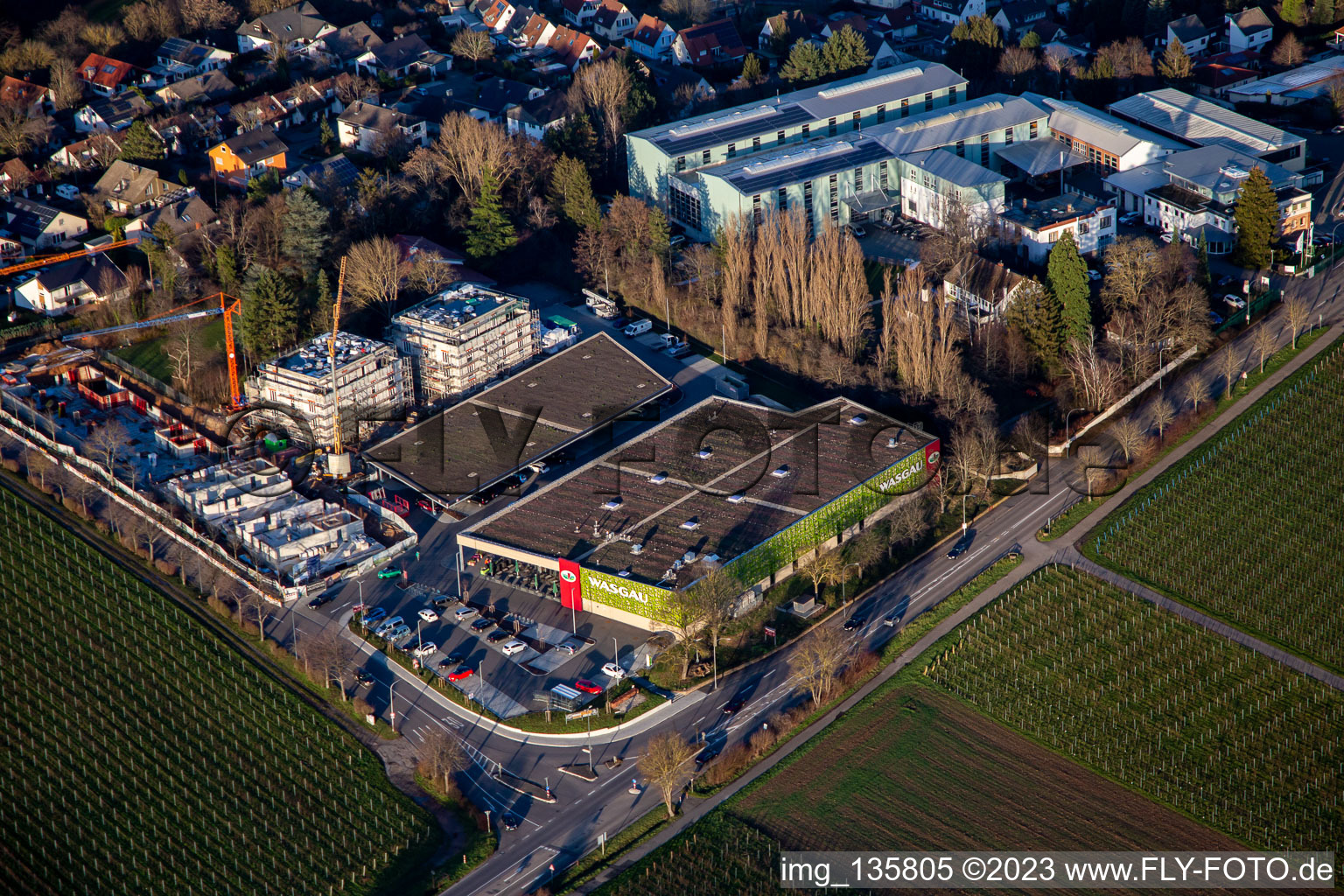 Luftaufnahme von Wasgau Frischemarkt Landau an der Wollmesheimer Höhe in Landau in der Pfalz im Bundesland Rheinland-Pfalz, Deutschland