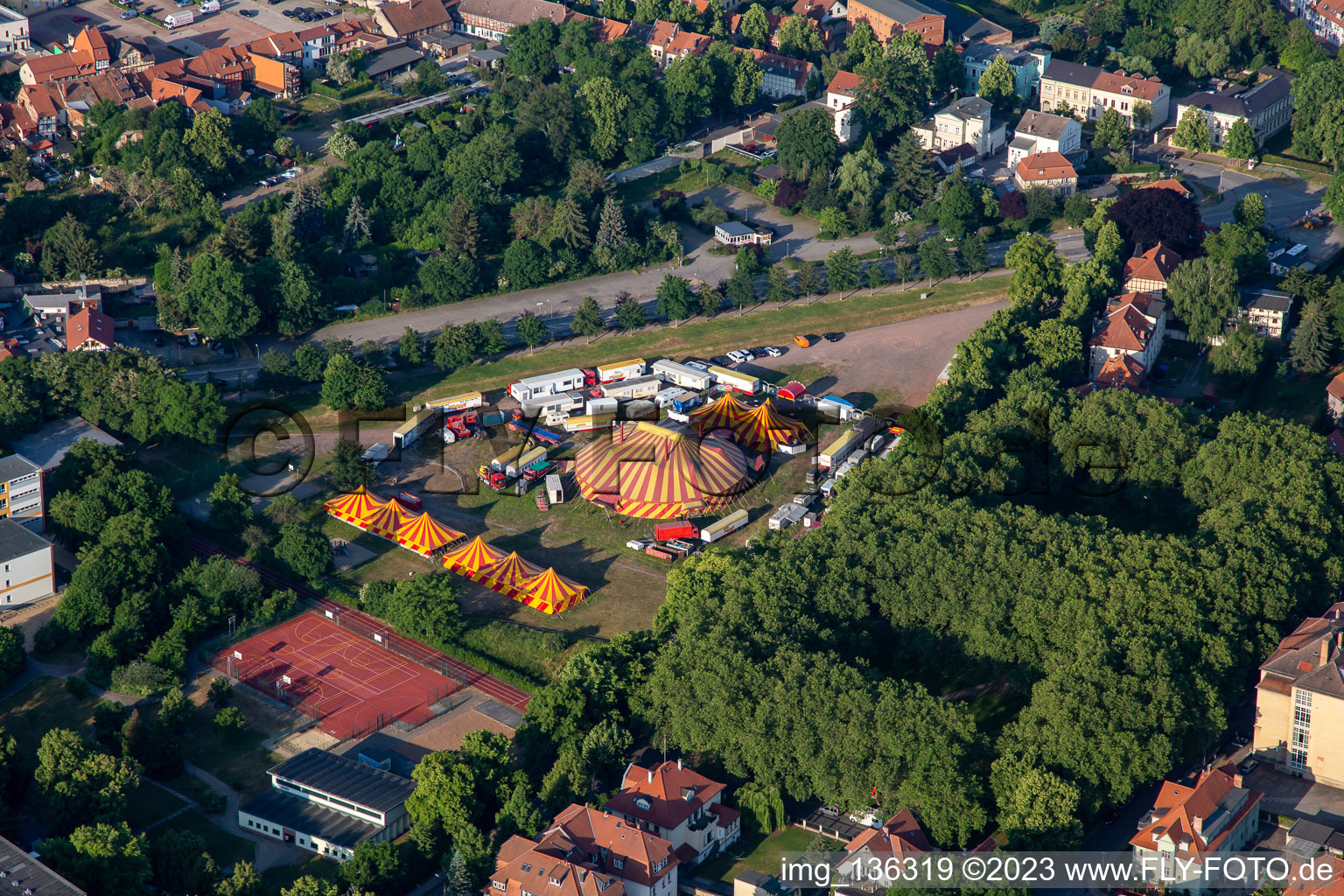 Luftbild von Zirkus An den Fischteichen in Quedlinburg im Bundesland Sachsen-Anhalt, Deutschland