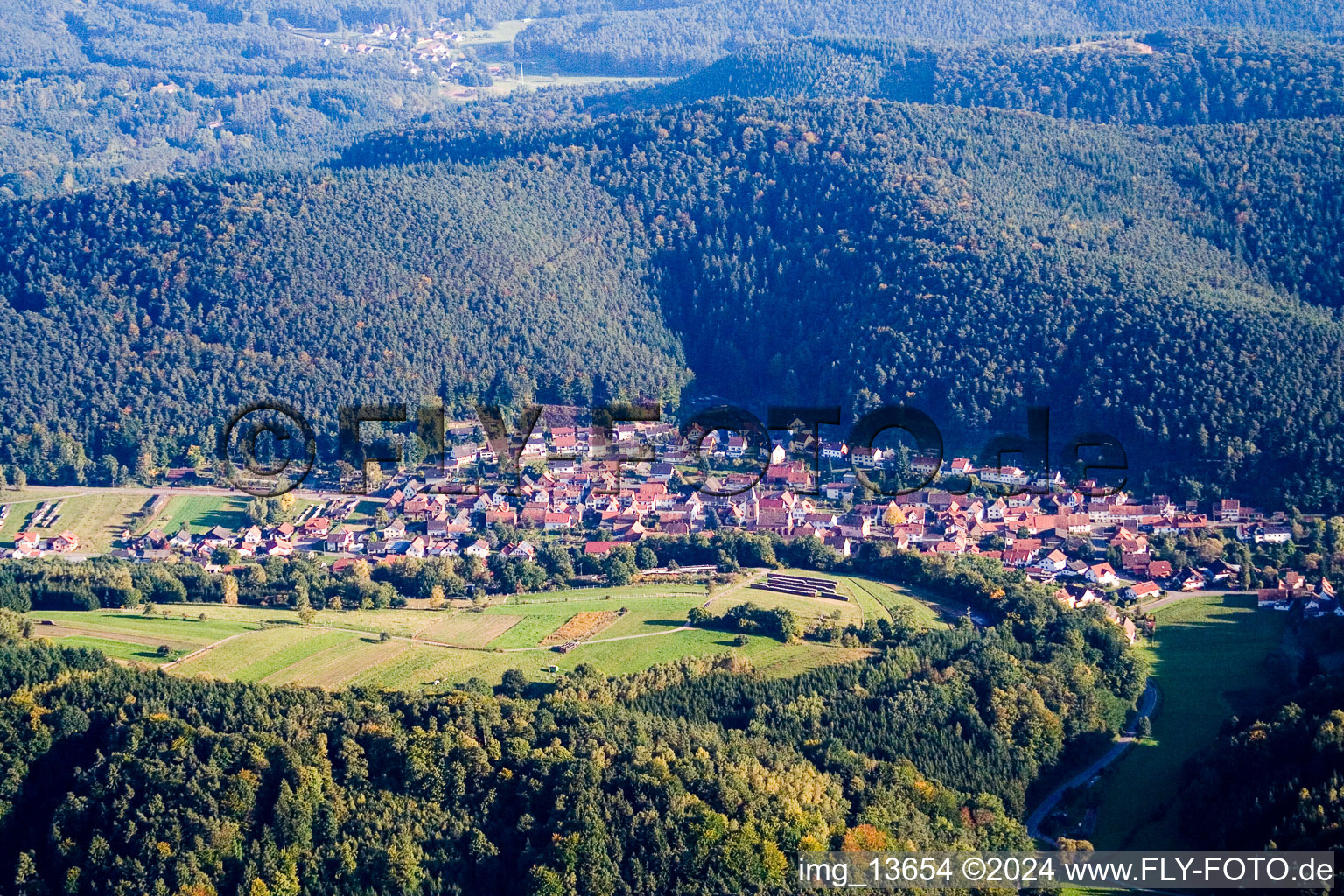 Dorf - Ansicht am Rande von landwirtschaftlichen Feldern und Nutzflächen in Vorderweidenthal im Bundesland Rheinland-Pfalz, Deutschland