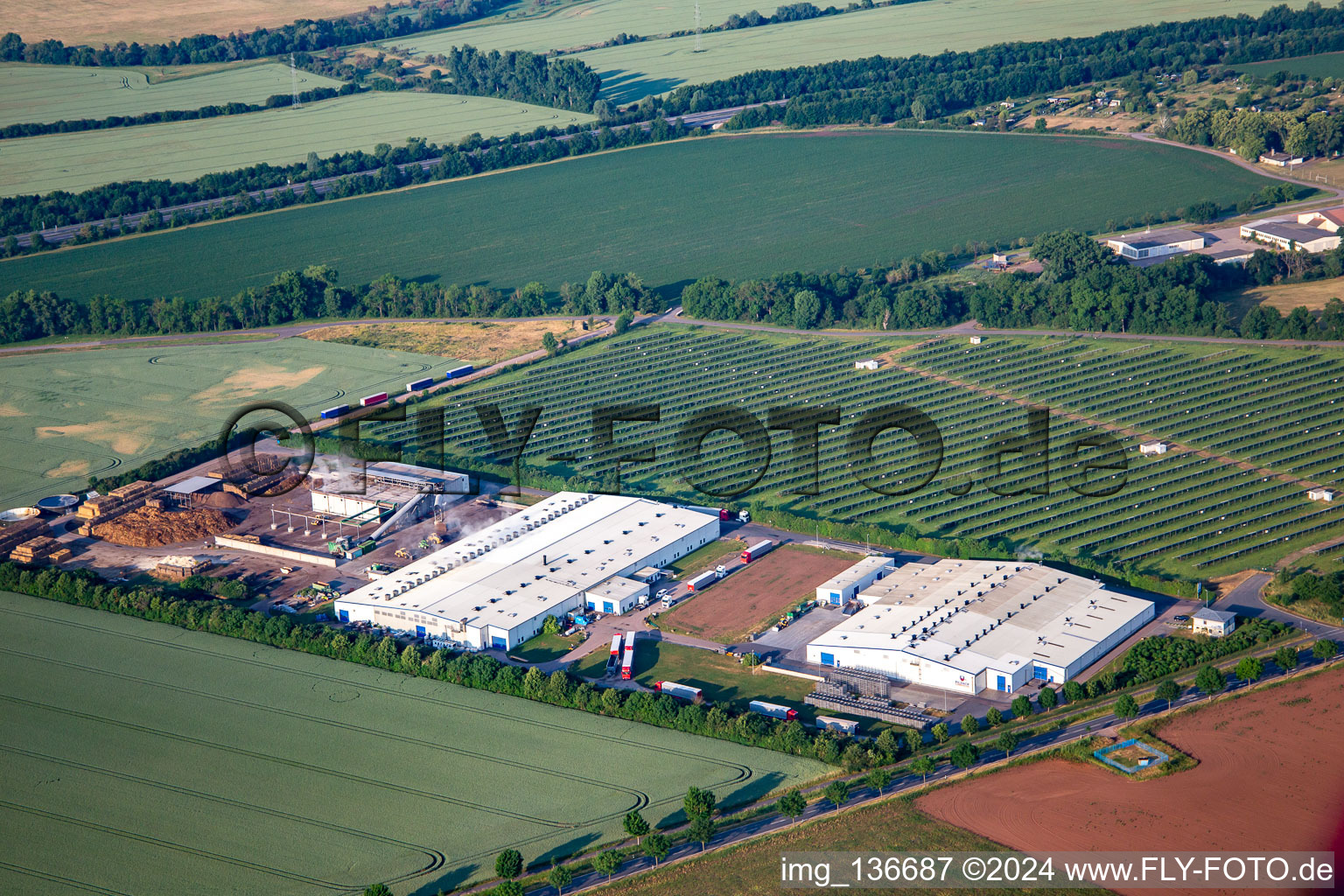 Pilzhof Pilzsubstrat Wallhausen GmbH vor dem Solarfeld Wallhausen im Bundesland Sachsen-Anhalt, Deutschland