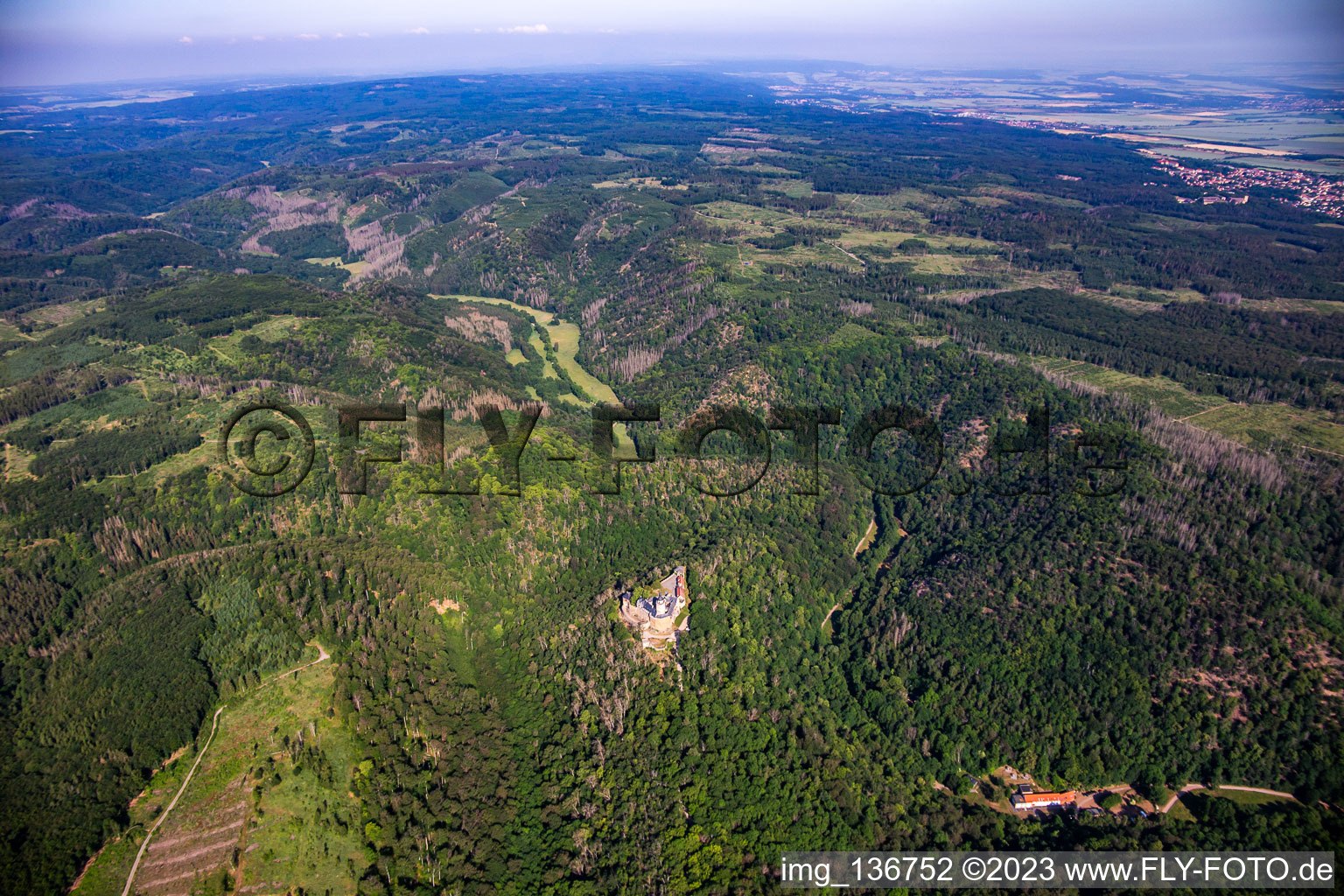 Burg Falkenstein (Harz) im Ortsteil Pansfelde im Bundesland Sachsen-Anhalt, Deutschland aus der Luft
