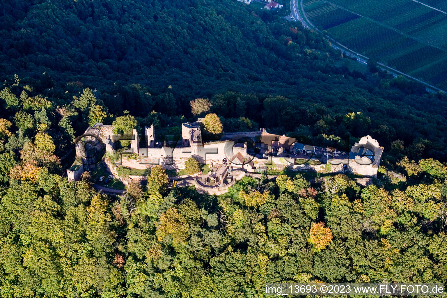 Luftaufnahme von Eschbach, Burgruine Madenburg im Bundesland Rheinland-Pfalz, Deutschland