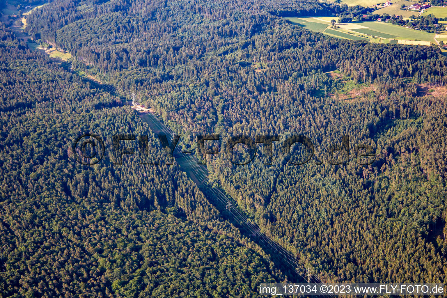 Waldschneise für die Hochspannungsleitung im Ortsteil Hüttenthal in Mossautal im Bundesland Hessen, Deutschland