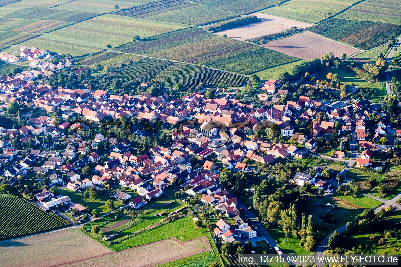 Drohnenaufname von Göcklingen im Bundesland Rheinland-Pfalz, Deutschland