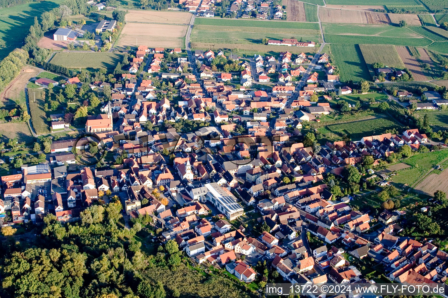 Luftbild von Ortsansicht der Straßen und Häuser der Wohngebiete im Ortsteil Ingenheim in Billigheim-Ingenheim im Bundesland Rheinland-Pfalz, Deutschland
