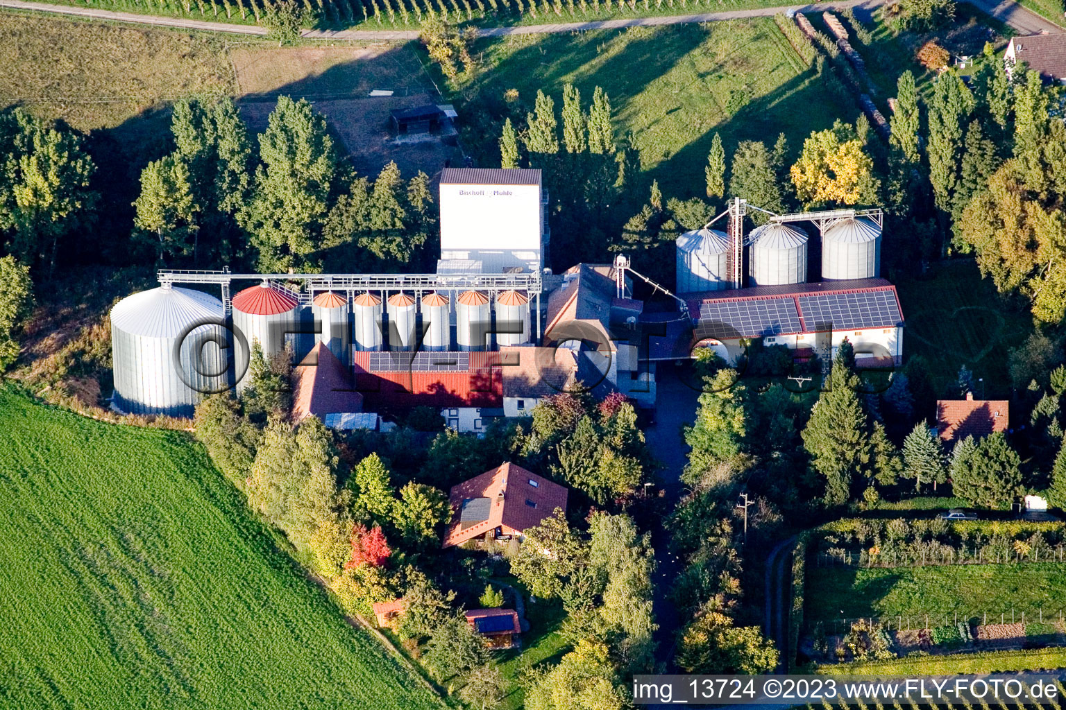 Bischoff-Mühl im Ortsteil Appenhofen in Billigheim-Ingenheim im Bundesland Rheinland-Pfalz, Deutschland aus der Luft