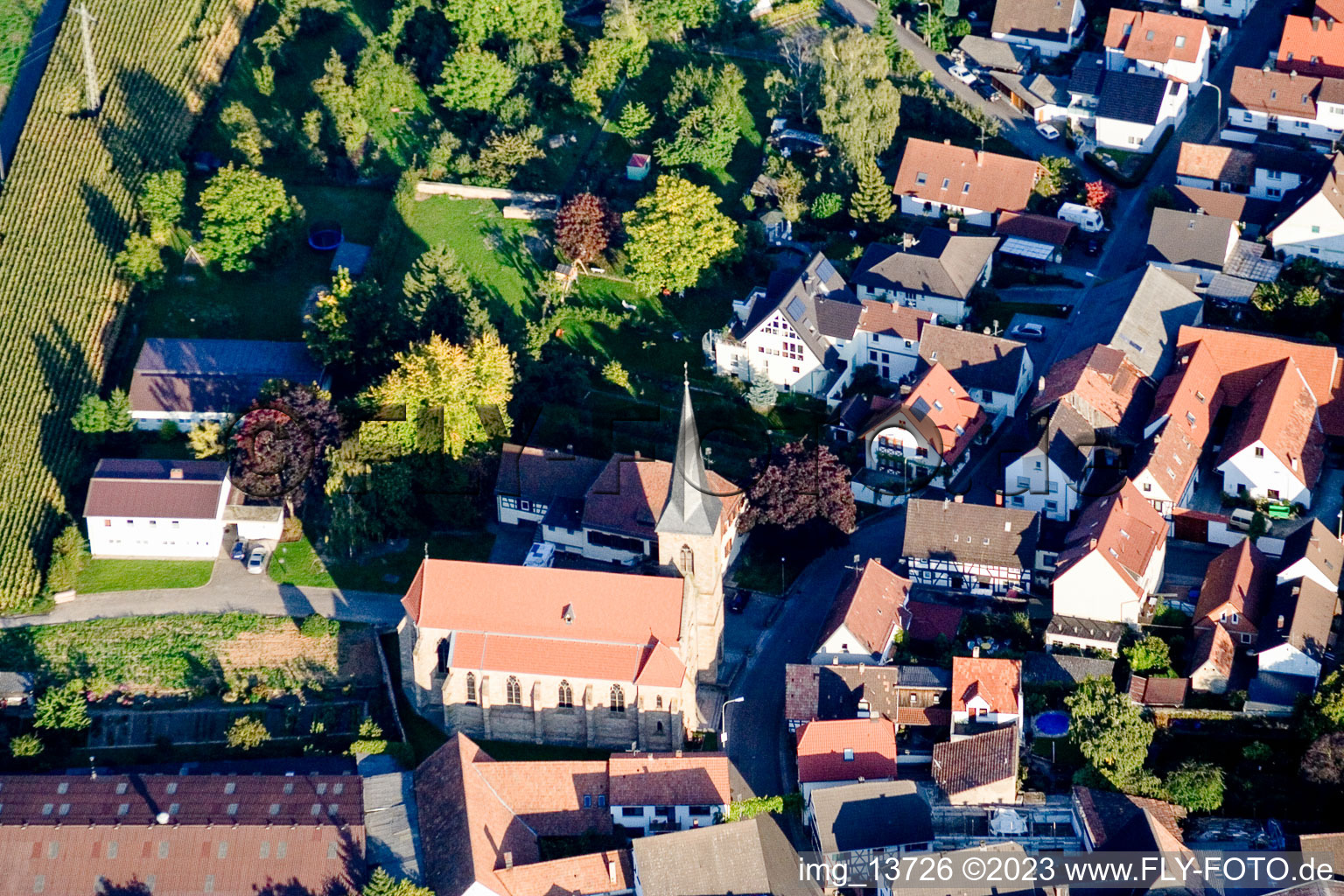 Luftbild von Kirchengebäude im Dorfkern im Ortsteil Ingenheim in Billigheim-Ingenheim im Bundesland Rheinland-Pfalz, Deutschland