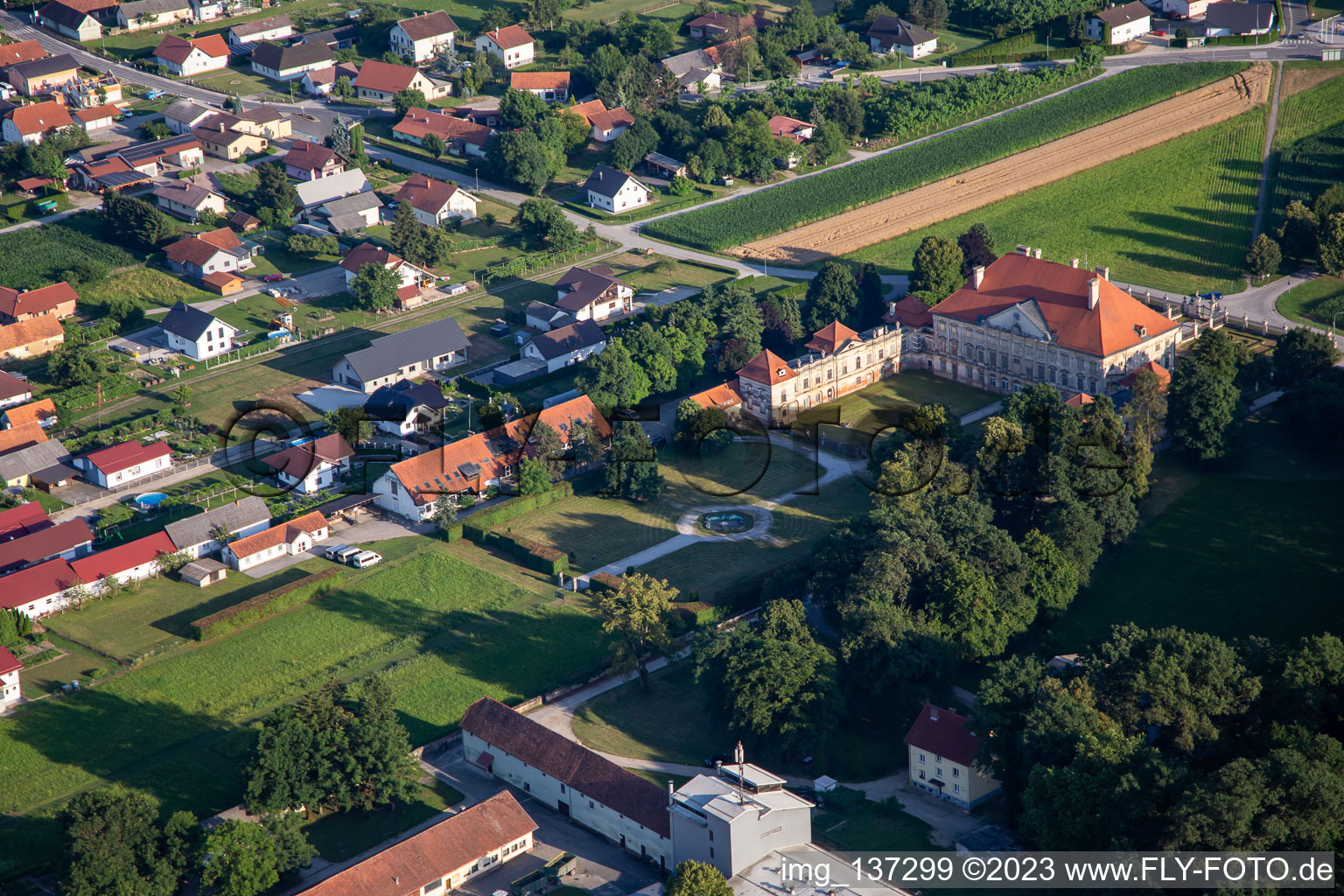 Luftaufnahme von Schloss Dornau Dvorec Dornav in Dornava, Slowenien