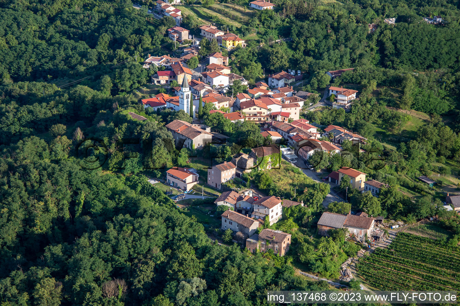 Luftbild von Hügeldorf zwischen Reben und Wald im Ortsteil Gradišče nad Prvačino in Nova Gorica, Slowenien