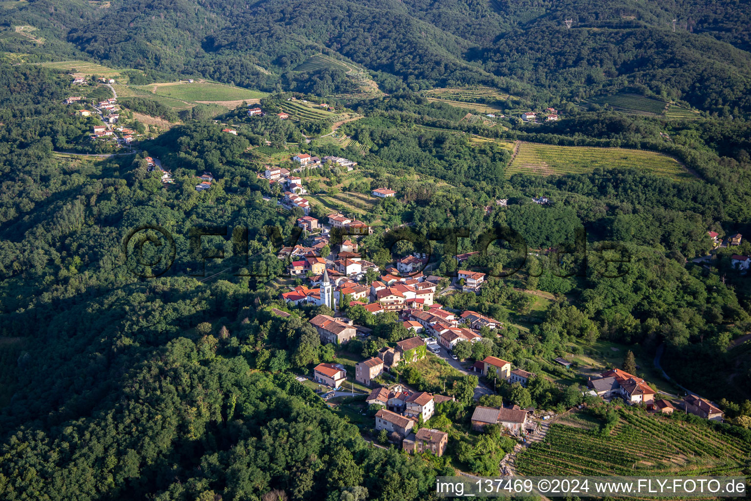 Luftaufnahme von Hügeldorf zwischen Reben und Wald in Nova Gorica, Slowenien