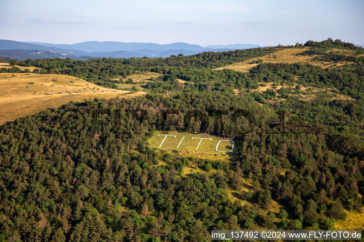 TITO Markierung im Wald im Ortsteil Branik in Nova Gorica, Slowenien