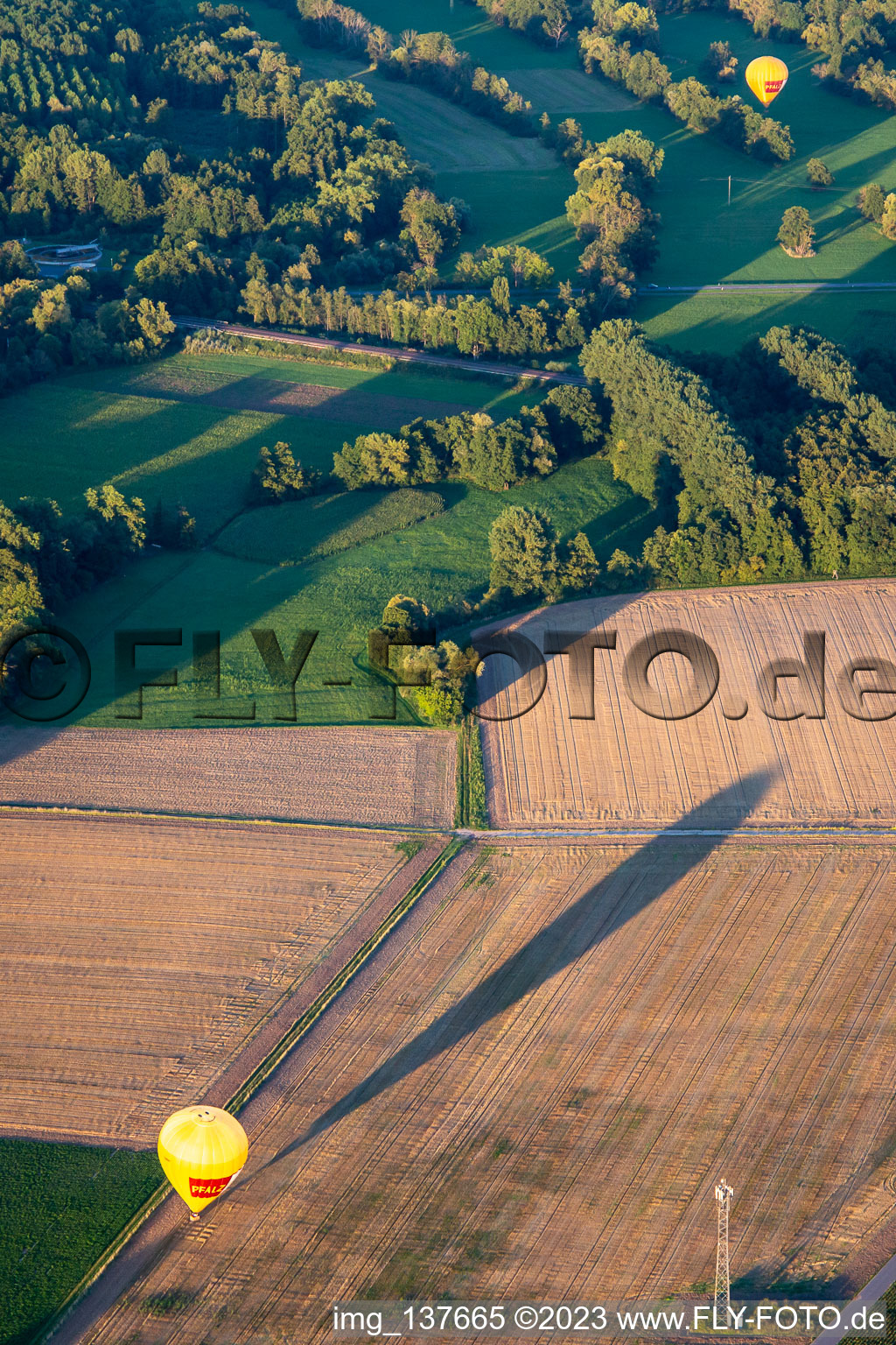 Luftbild von PfalzGas Heisluftballone gelandet in Billigheim-Ingenheim im Bundesland Rheinland-Pfalz, Deutschland