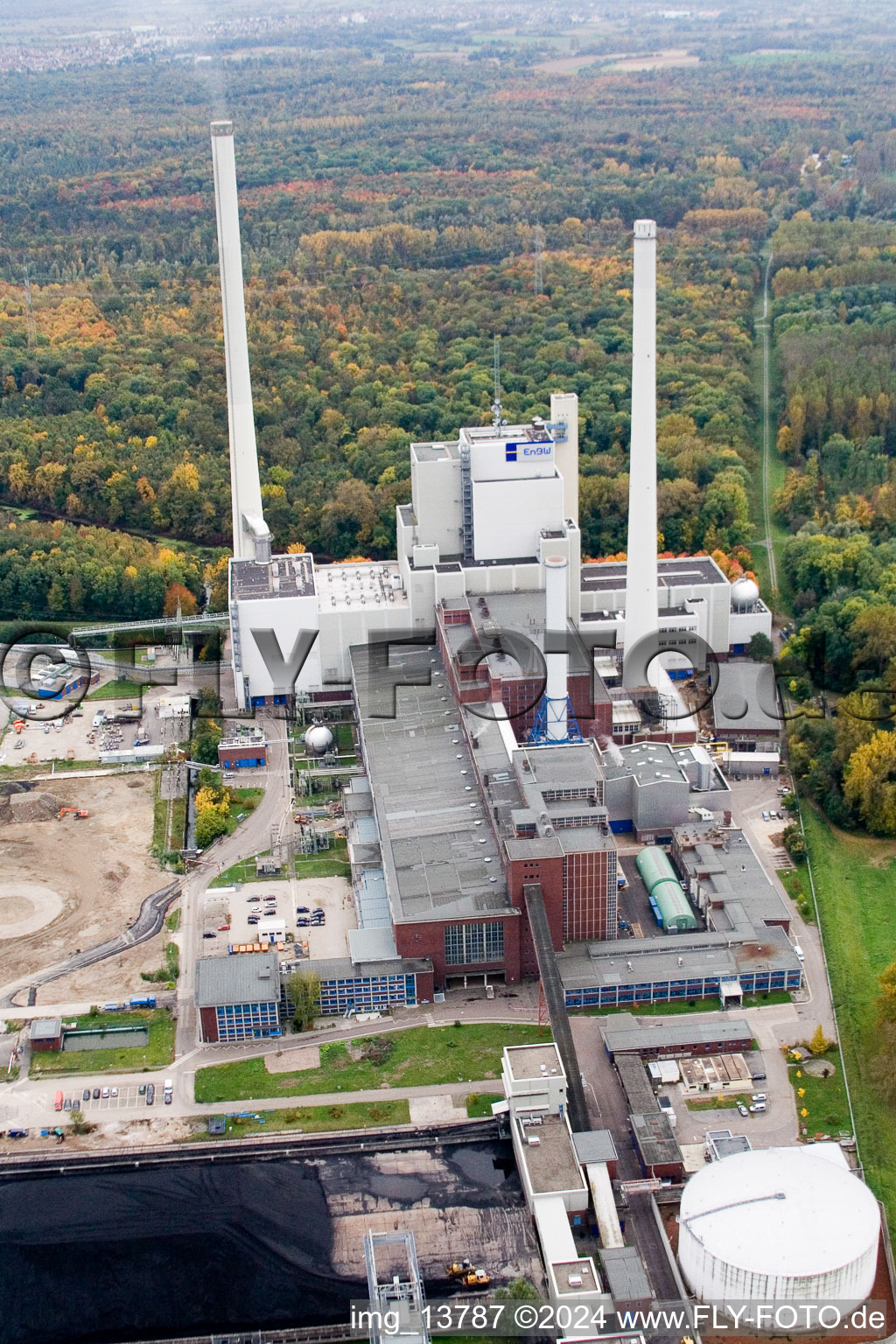 EnBW Neubau Kohlekraftwerk am Rheinhafen in Karlsruhe im Bundesland Baden-Württemberg, Deutschland aus der Luft