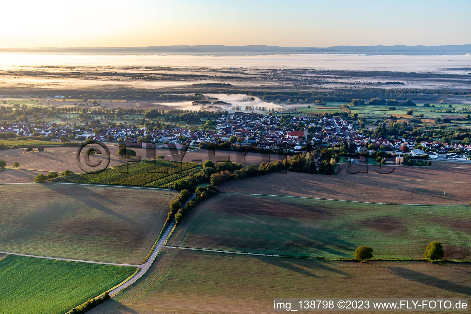 Luftbild von Steinfeld vor dem Bienwald im Morgennebel im Bundesland Rheinland-Pfalz, Deutschland