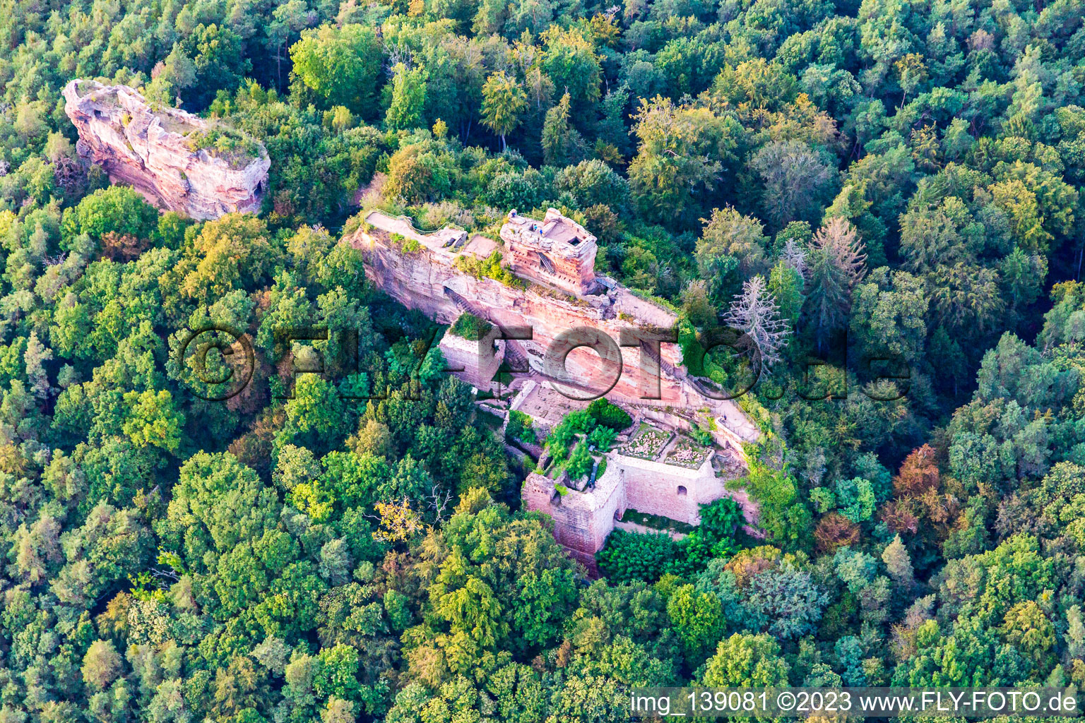 Burg Drachenfels in Busenberg im Bundesland Rheinland-Pfalz, Deutschland aus der Vogelperspektive