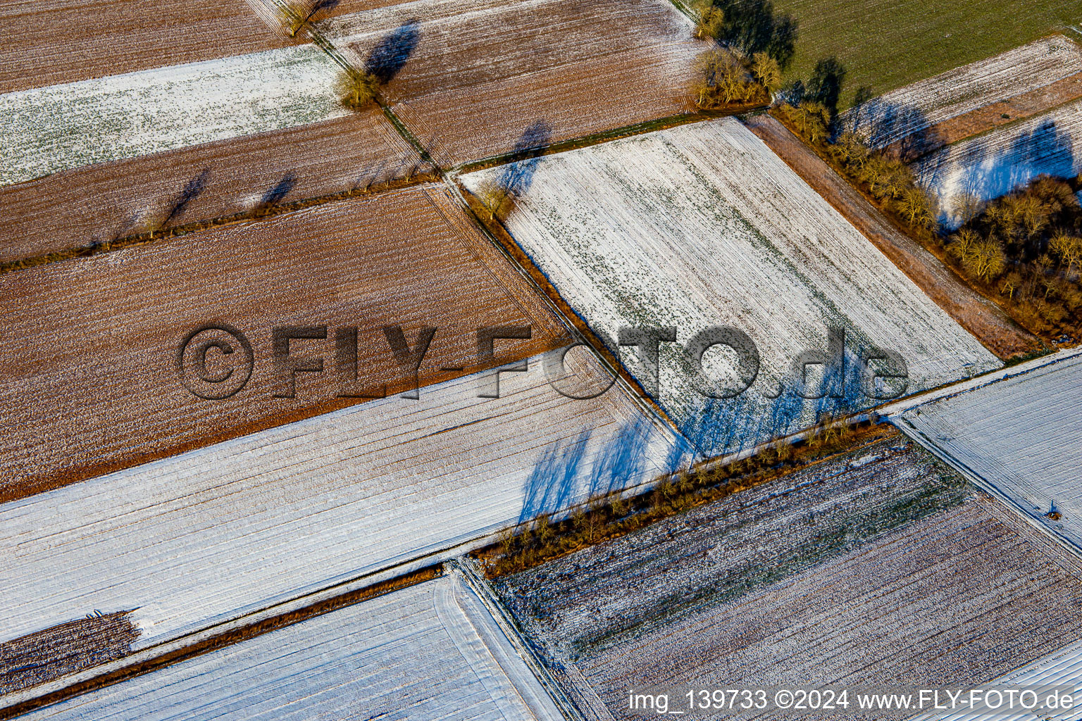 Feldstrukturen und Schatten im Winter bei Schnee in Schweighofen im Bundesland Rheinland-Pfalz, Deutschland