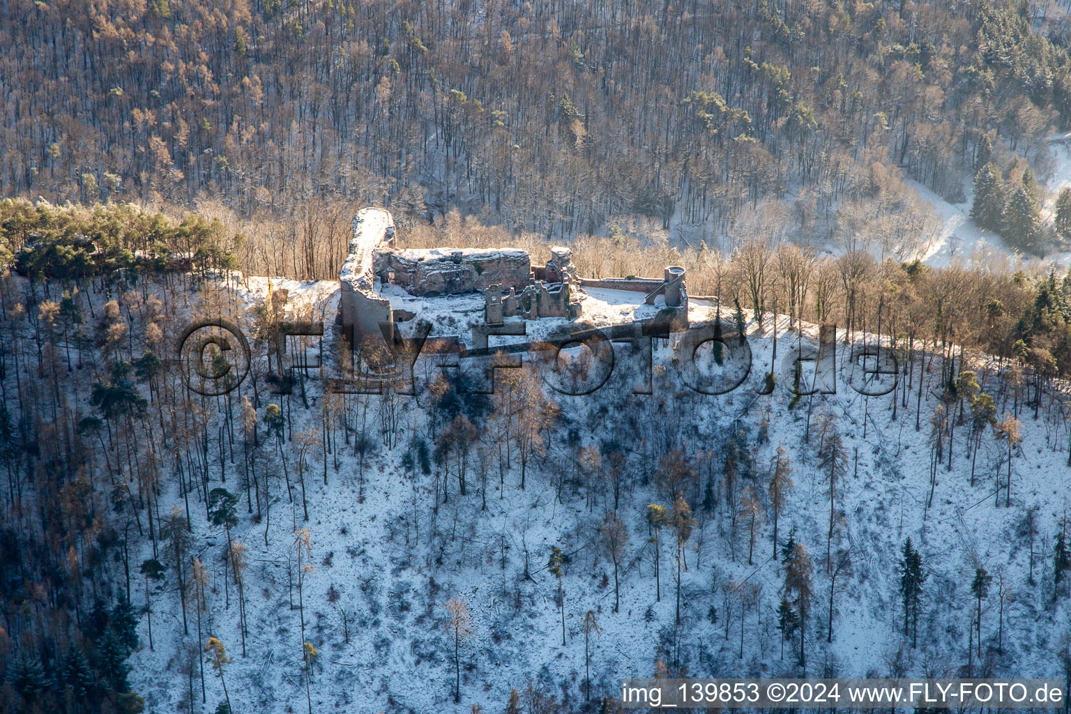 Luftbild von Burgruine Neuscharfeneck aus Norden im Winter bei Schnee in Flemlingen im Bundesland Rheinland-Pfalz, Deutschland