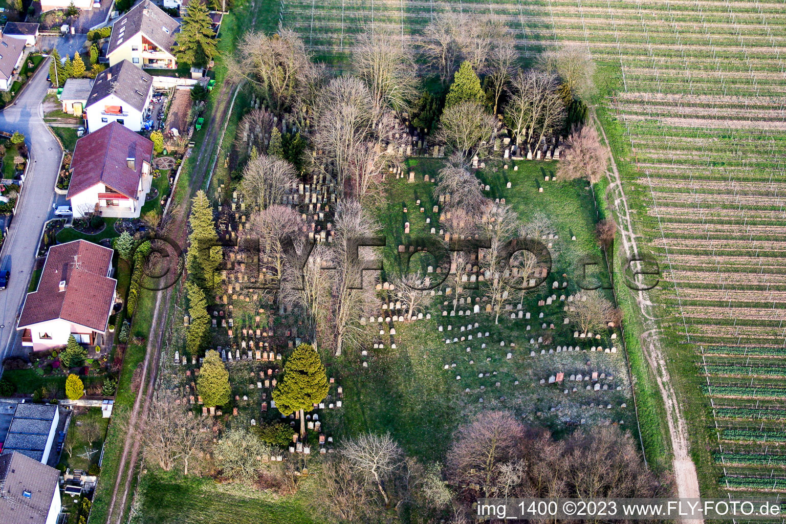 Grabreihen auf dem Gelände des alten Friedhofes im Ortsteil Ingenheim in Billigheim-Ingenheim im Bundesland Rheinland-Pfalz, Deutschland