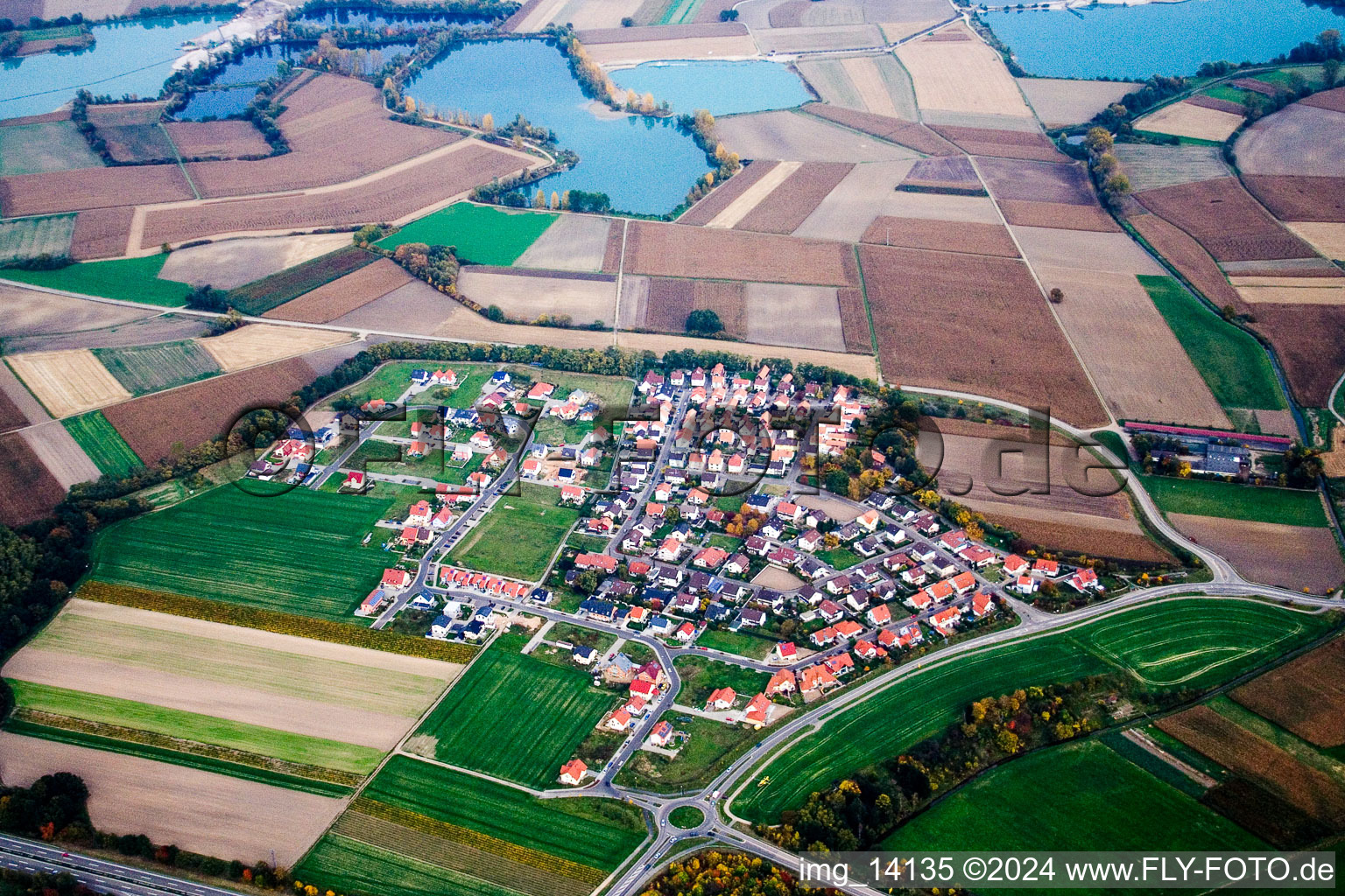 Luftbild von Dorf - Ansicht am Rande von landwirtschaftlichen Feldern und Nutzflächen im Ortsteil Hardtwald in Neupotz im Bundesland Rheinland-Pfalz, Deutschland