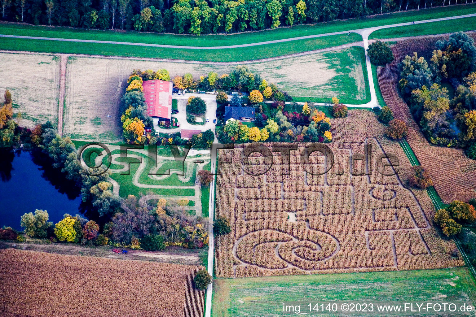 Luftbild von Leimersheim, Maislabyrinth im Bundesland Rheinland-Pfalz, Deutschland