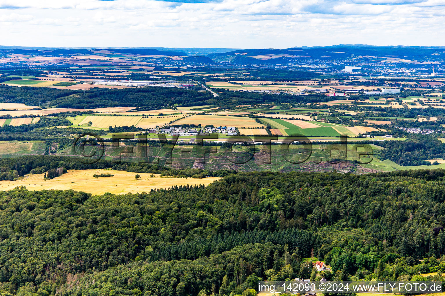 Luftbild von Flugplatz Koblenz/Winningen über den Weinbergsteillagen der Mosel von Süden im Bundesland Rheinland-Pfalz, Deutschland