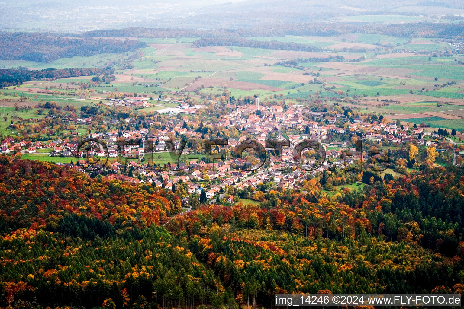 Dorf - Ansicht am Rande von landwirtschaftlichen Feldern und Nutzflächen im Ortsteil Schwanheim in Schönbrunn im Bundesland Baden-Württemberg, Deutschland