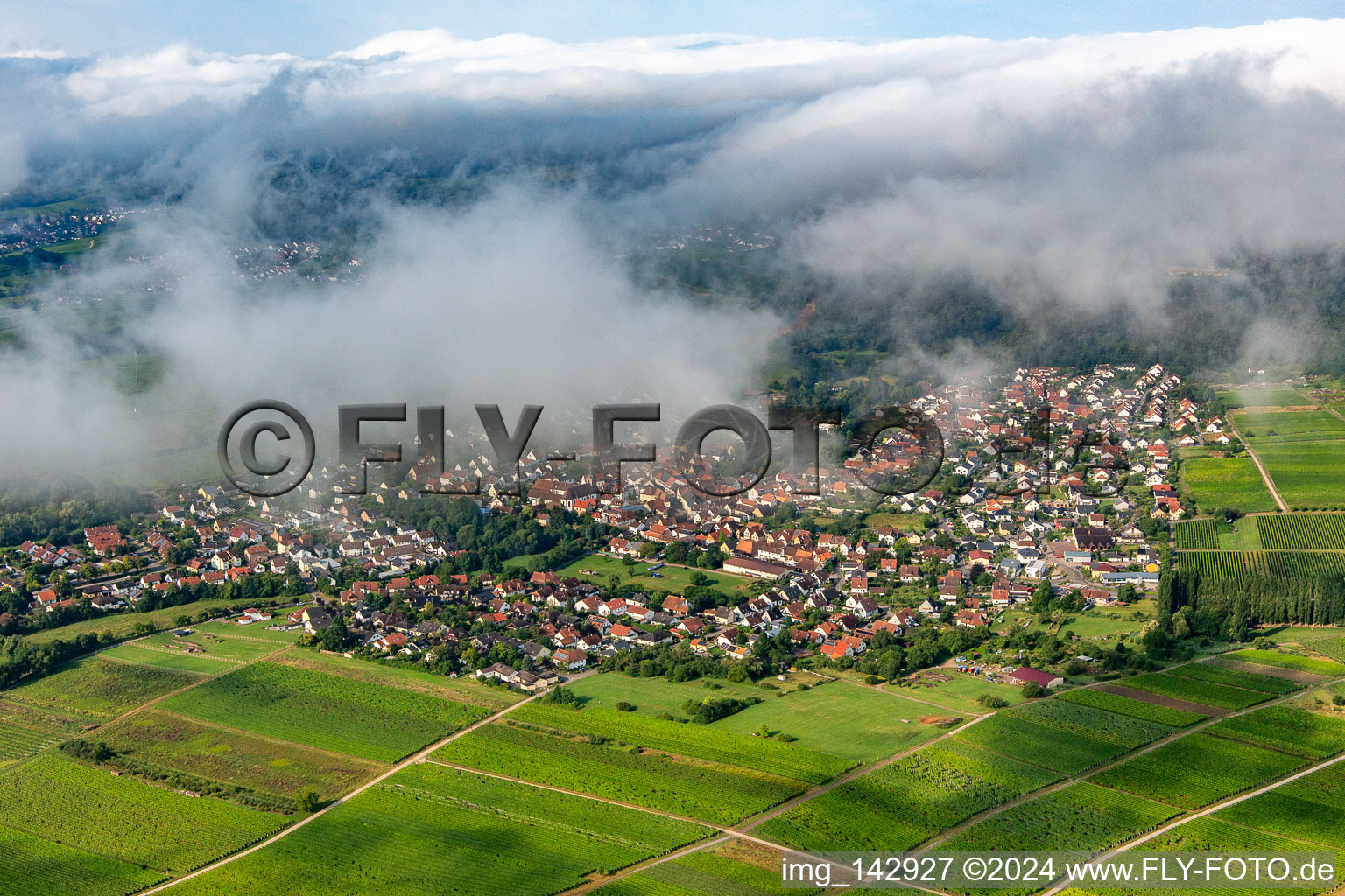 Luftbild von Ortschaft am Rand des Pfläzerwaldes von Nordosten unter Wolken in Klingenmünster im Bundesland Rheinland-Pfalz, Deutschland