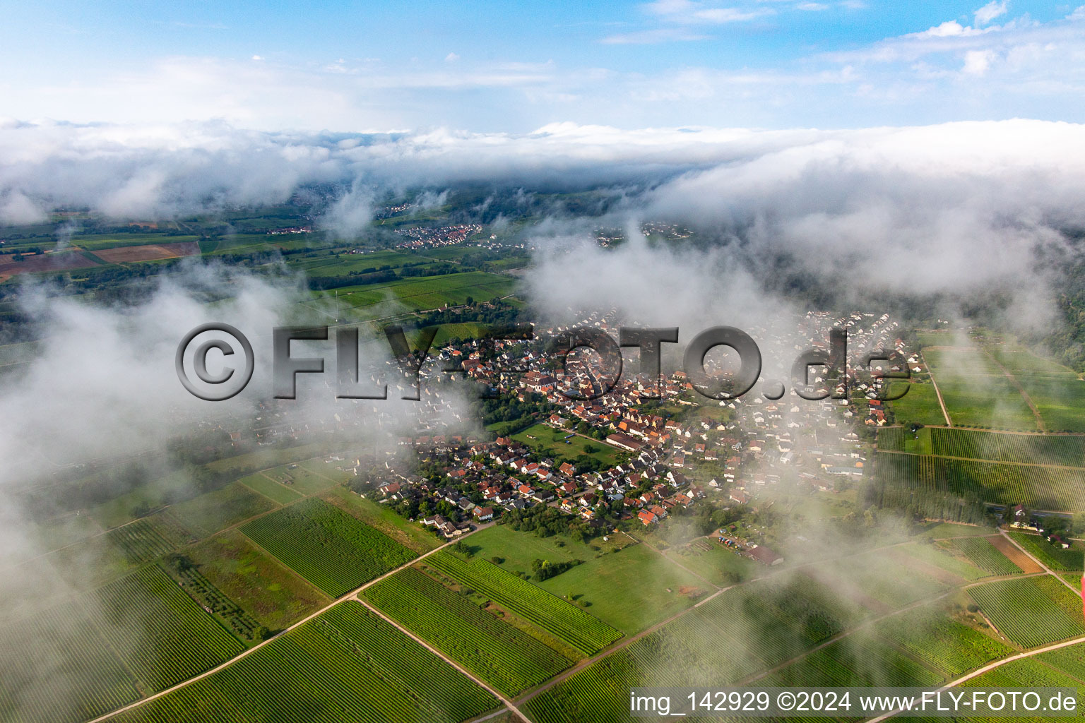 Ortschaft von Nordosten unter Wolken in Klingenmünster im Bundesland Rheinland-Pfalz, Deutschland