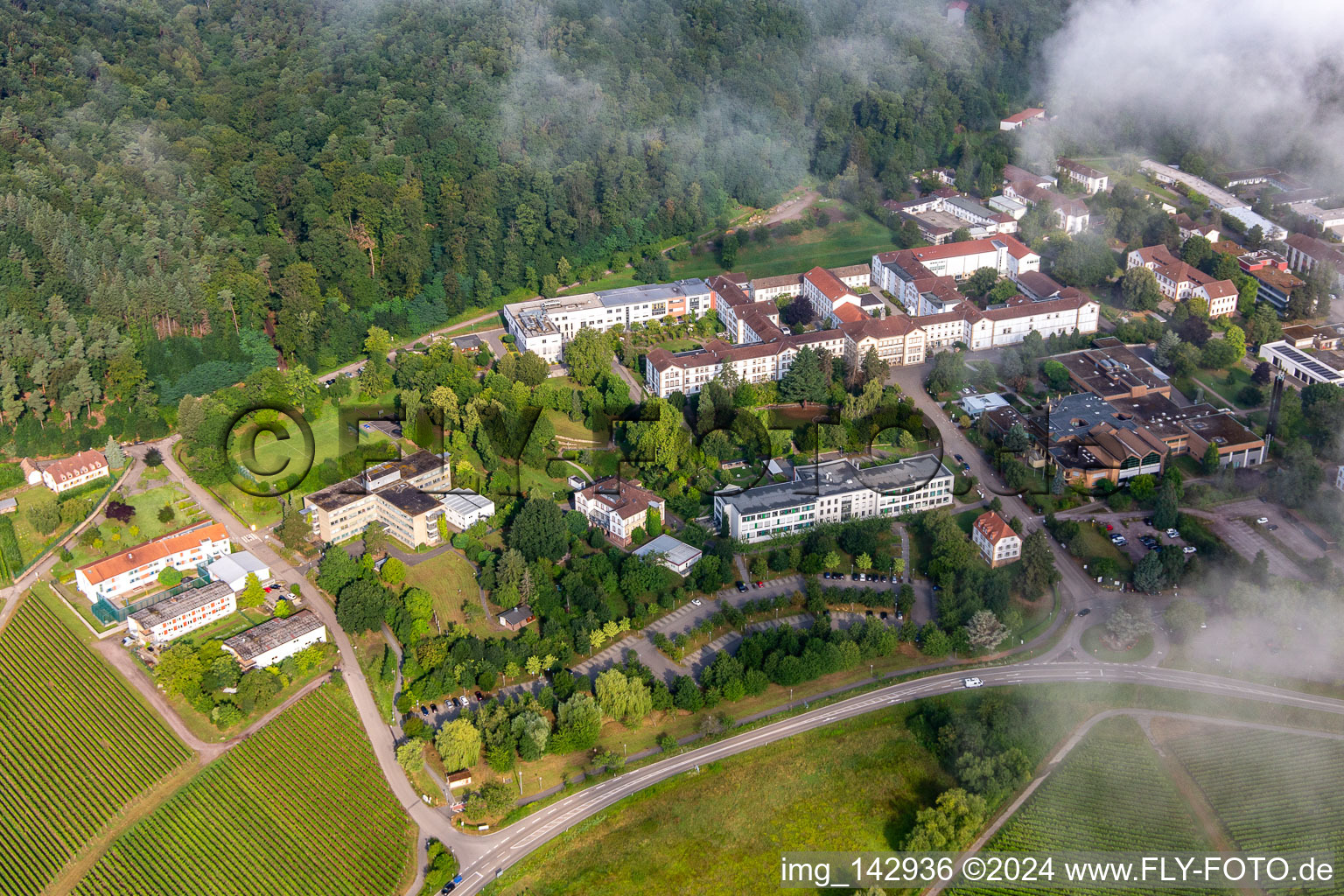 Dichte Wolken über dem Pfalzklinikum für Psychiatrie und Neurologie in Klingenmünster im Bundesland Rheinland-Pfalz, Deutschland aus der Luft