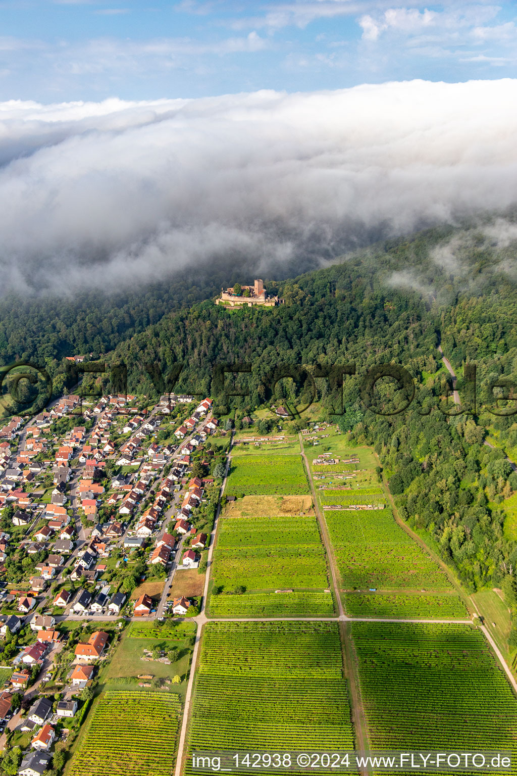 Schrägluftbild von Burg Landeck am Morgen unter tiefen Wolken in Klingenmünster im Bundesland Rheinland-Pfalz, Deutschland