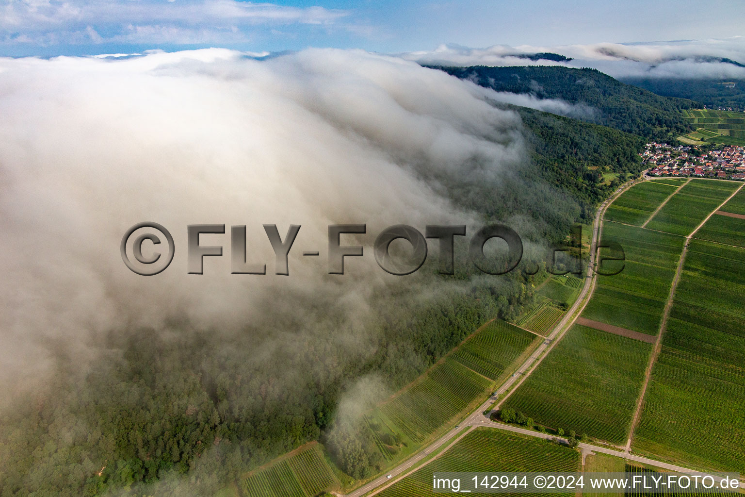 Luftbild von Dichte Wolken aus Westen fließen über den  Haardtrand unterhalb der Madenburg in Eschbach im Bundesland Rheinland-Pfalz, Deutschland