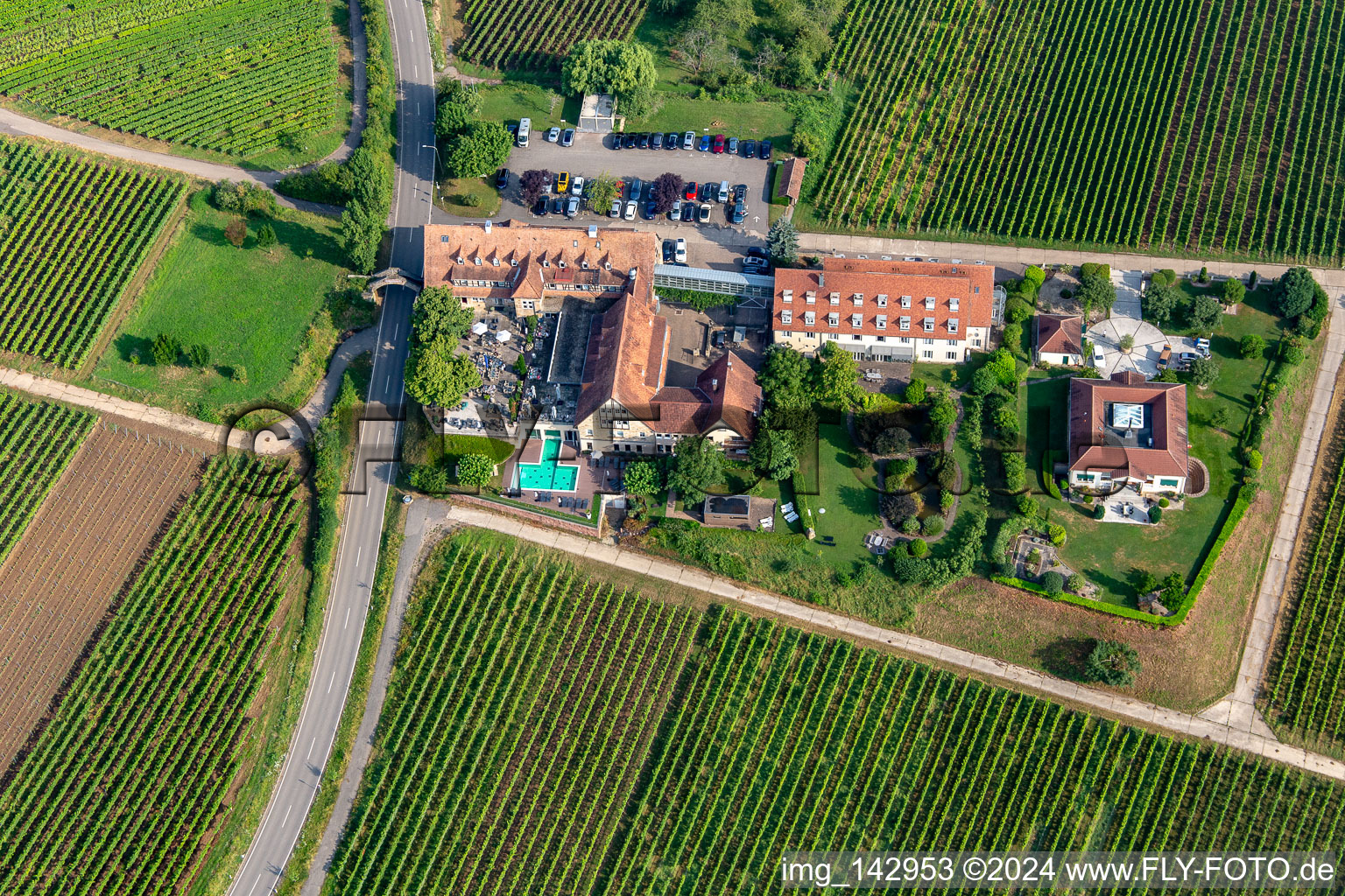 Schrägluftbild von 4-Sterne-Hotel Leinsweiler Hof zwischen Weinbergen am Morgen im Bundesland Rheinland-Pfalz, Deutschland