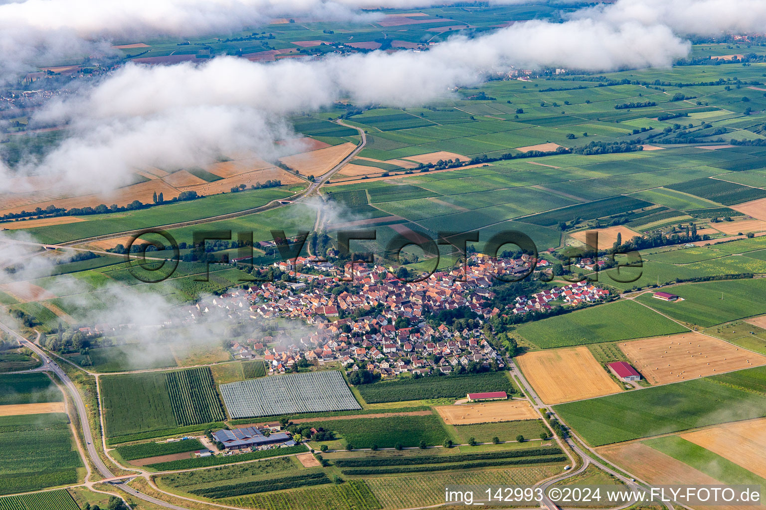 Ortschaft unter Wolken von Nordosten in Impflingen im Bundesland Rheinland-Pfalz, Deutschland