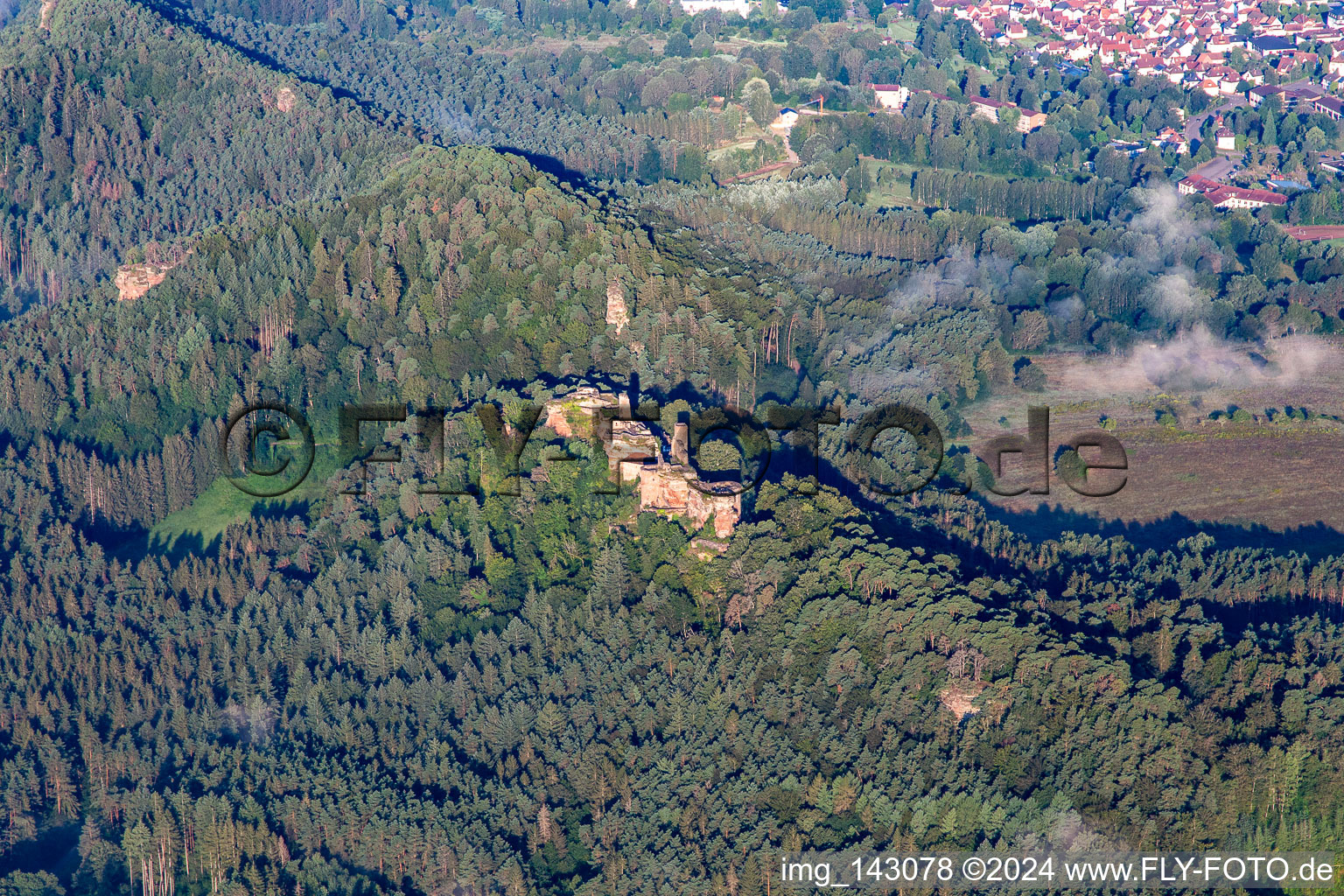 Burgenmassiv Altdahn mit Burgruinen Granfendahn und Tanstein in Dahn im Bundesland Rheinland-Pfalz, Deutschland