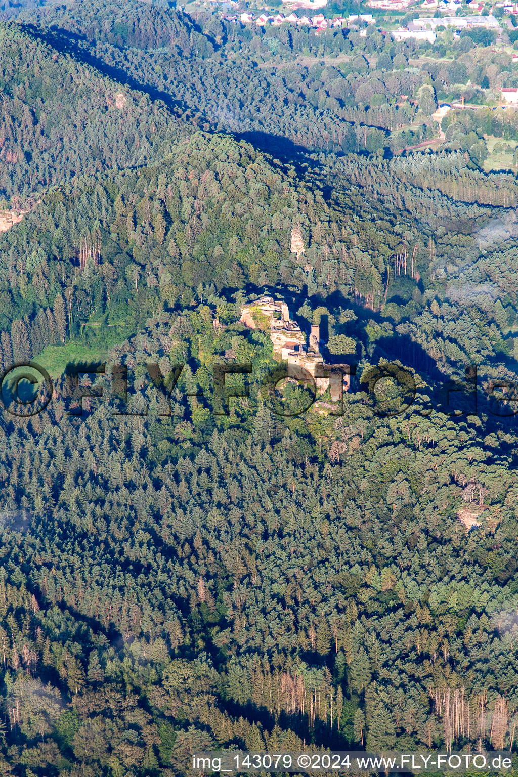 Luftbild von Burgenmassiv Altdahn mit Burgruinen Granfendahn und Tanstein in Dahn im Bundesland Rheinland-Pfalz, Deutschland