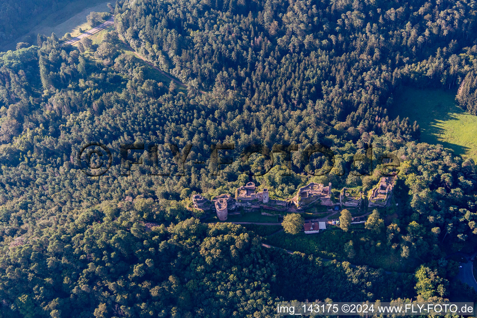 Burgenmassiv Altdahn mit Burgruinen Granfendahn und Tanstein in Dahn im Bundesland Rheinland-Pfalz, Deutschland aus der Luft