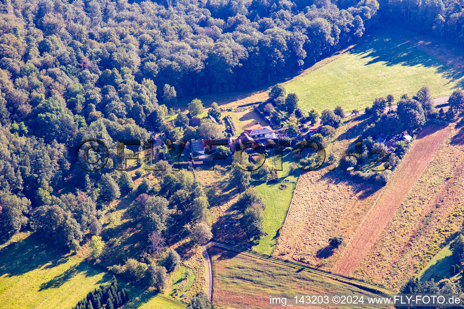 Hütte und Wild-Gaststätte Cramerhaus zu Füßen der Burgruine Lindelbrunn in Vorderweidenthal im Bundesland Rheinland-Pfalz, Deutschland