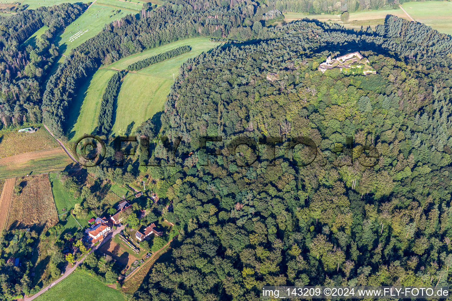 Luftbild von Hütte und Wild-Gaststätte Cramerhaus zu Füßen der Burgruine Lindelbrunn im Ortsteil Gossersweiler in Gossersweiler-Stein im Bundesland Rheinland-Pfalz, Deutschland