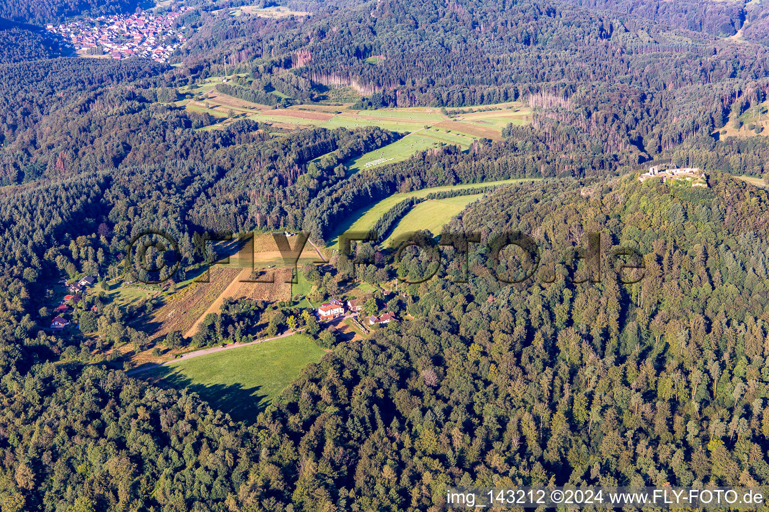 Luftbild von Hütte und Wild-Gaststätte Cramerhaus zu Füßen der Burgruine Lindelbrunn in Vorderweidenthal im Bundesland Rheinland-Pfalz, Deutschland